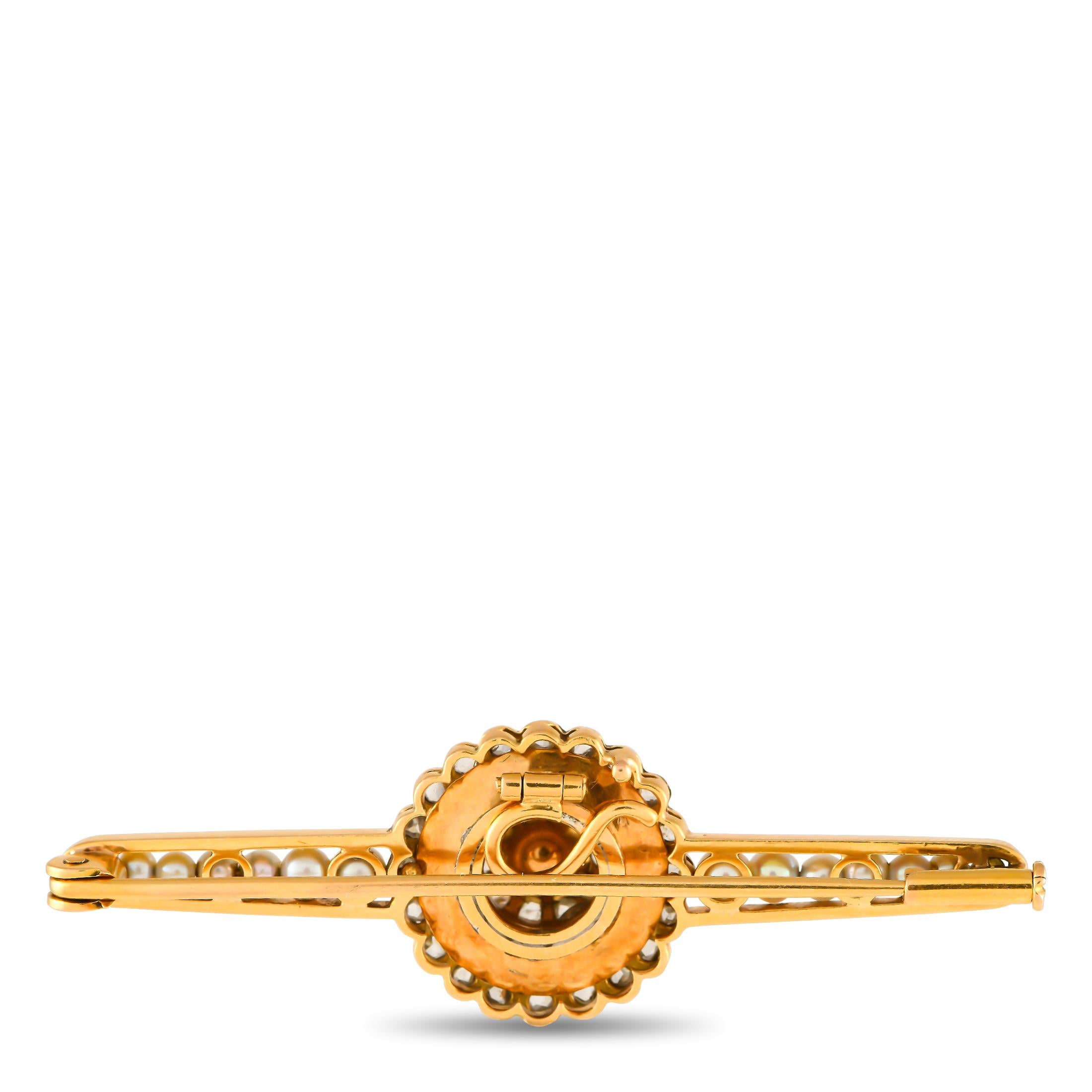 Add a touch of old fashioned elegance to any ensemble with this exquisite antique brooch. The striking geometric design comes to life thanks to luminous seed pearls and sparkling Diamond accents. Crafted from 14K Yellow Gold, it measures 2.25 long