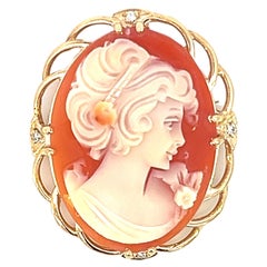 14k Yellow Gold Diamond and Shell Cameo Pin