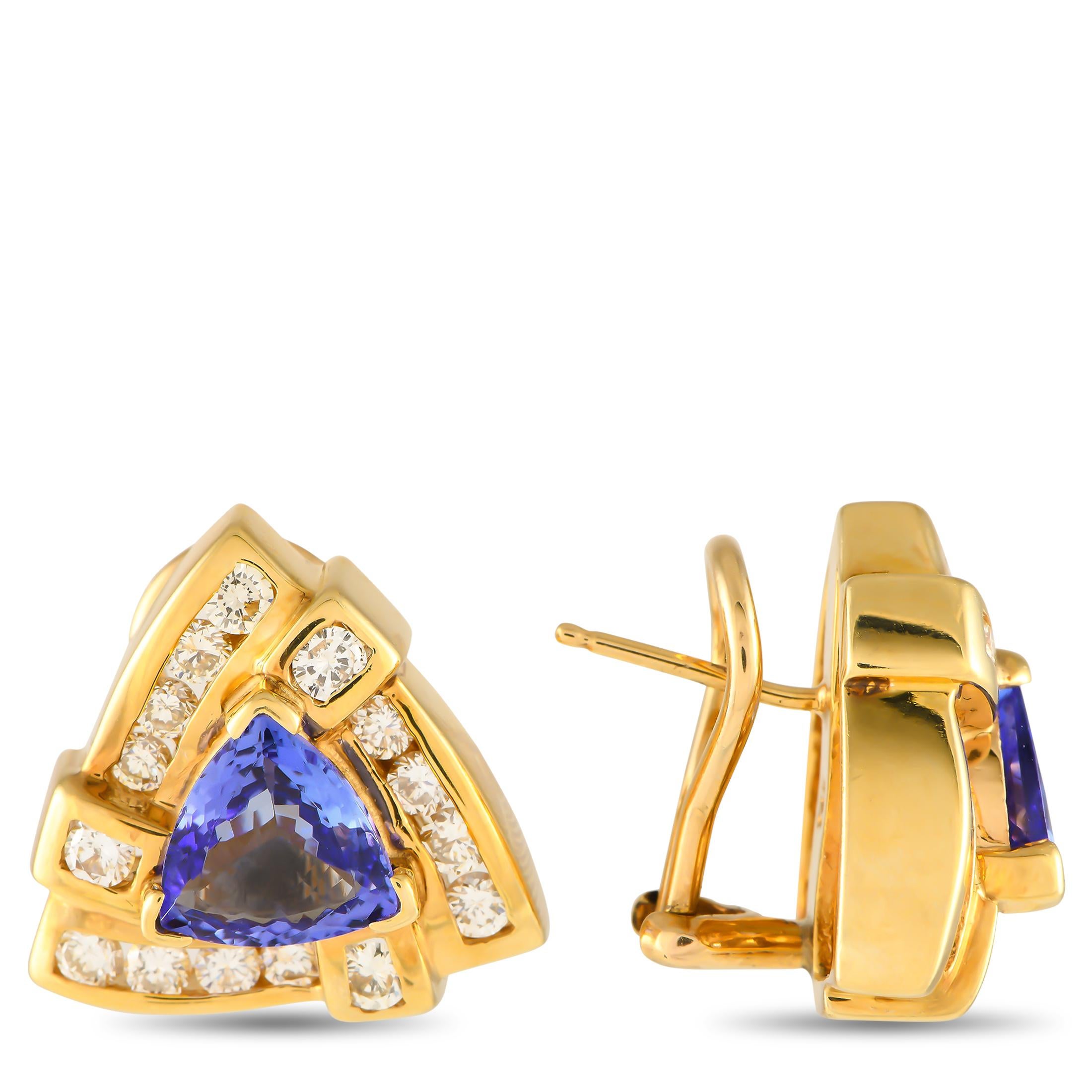 Triangular Tanzanite center stones with a total weight of 3.25 carats ensure these earrings always make a statement. Each earring features a 14K Yellow Gold setting measuring 0.65 long by 0.75 wide  Diamond accents totaling 2.0 carats provide a
