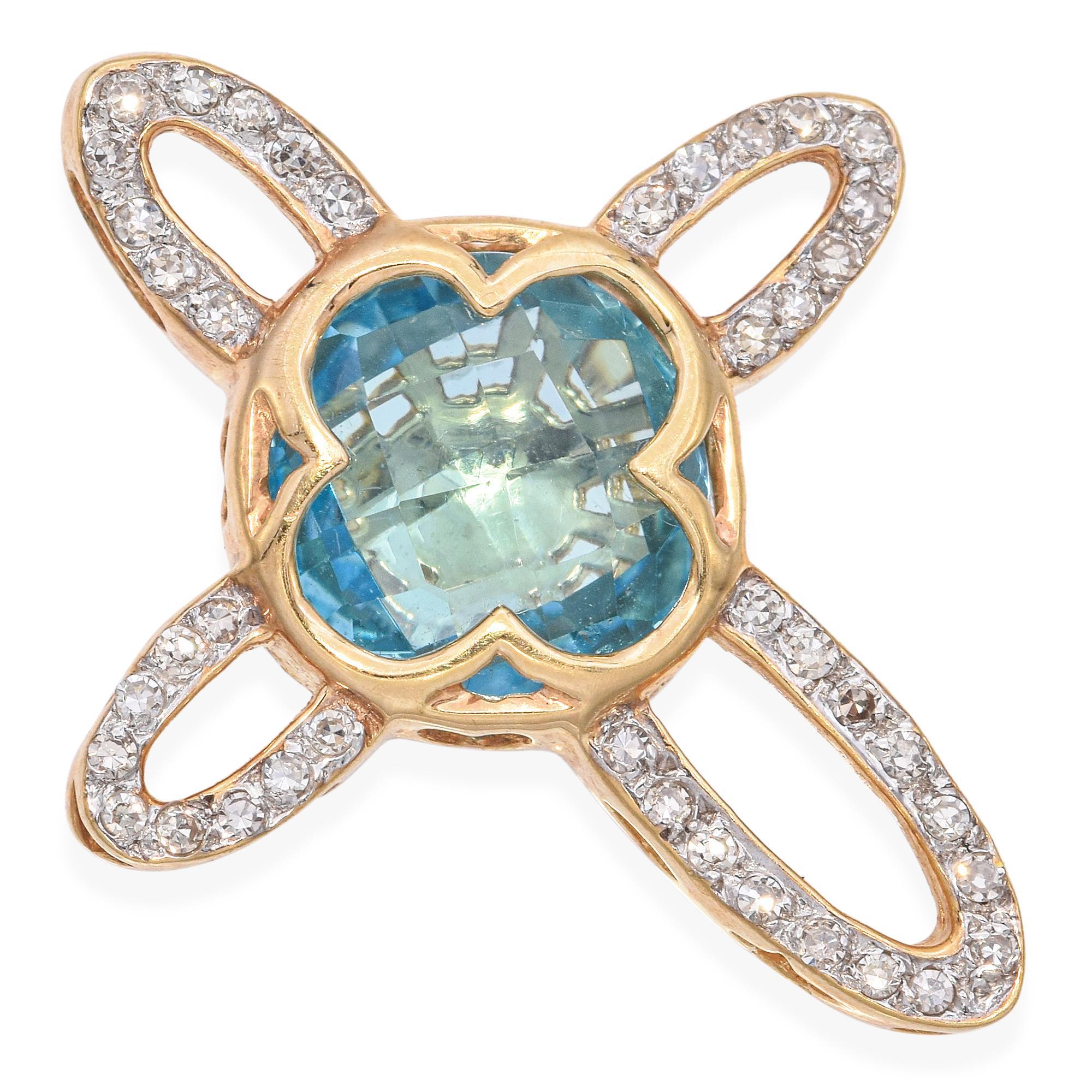 Dieser elegante Kreuzanhänger aus 14-karätigem Gelbgold zeichnet sich durch eine strahlende Anordnung funkelnder Diamanten und eines lebhaften Blautopas aus. Die Diamanten sorgen für Brillanz und Kontrast und betonen den satten Farbton des Topas in