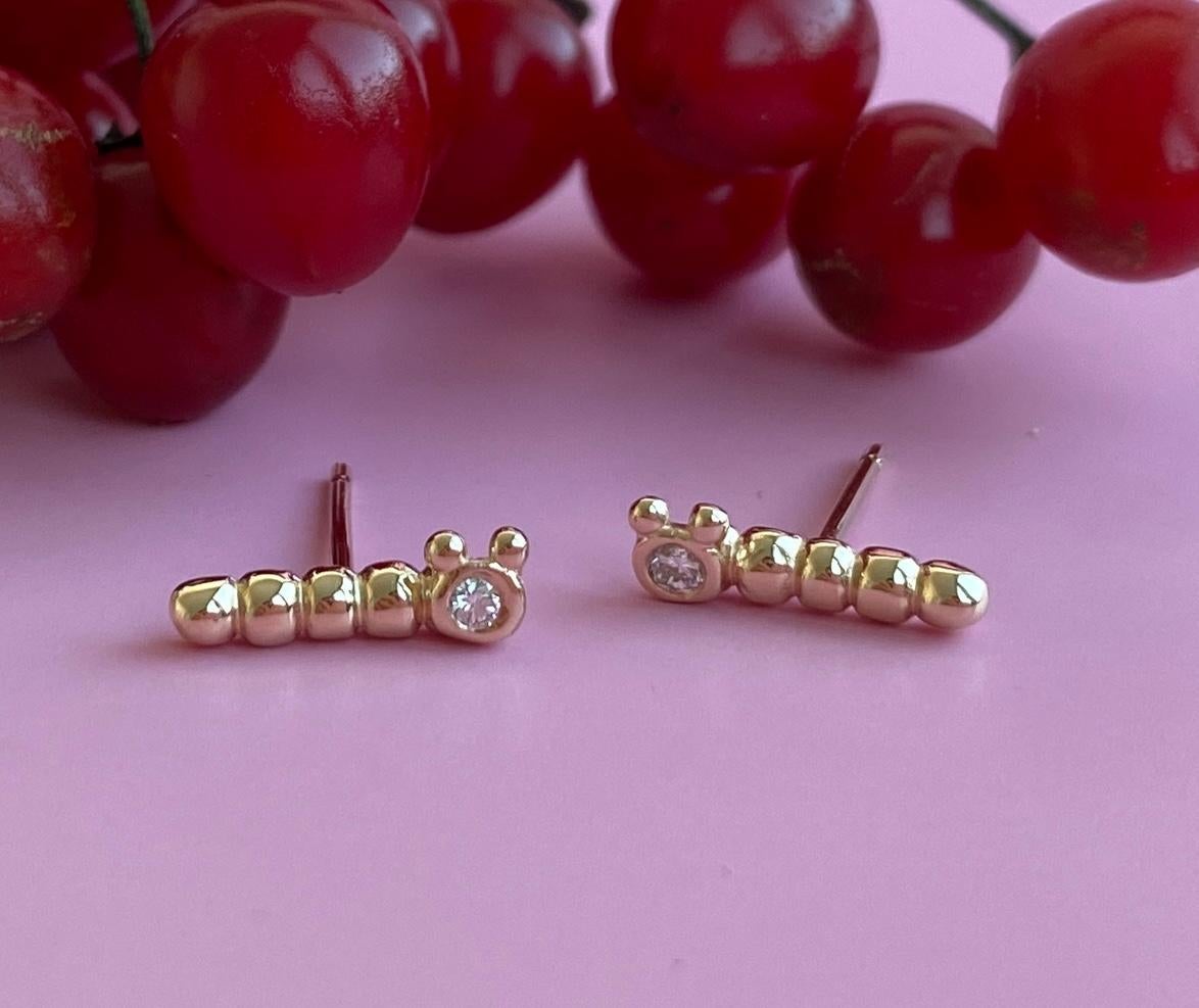 Brilliant Cut 14k Yellow Gold Diamond Baby Caterpillar Stud Insect Earrings Baubou For Sale