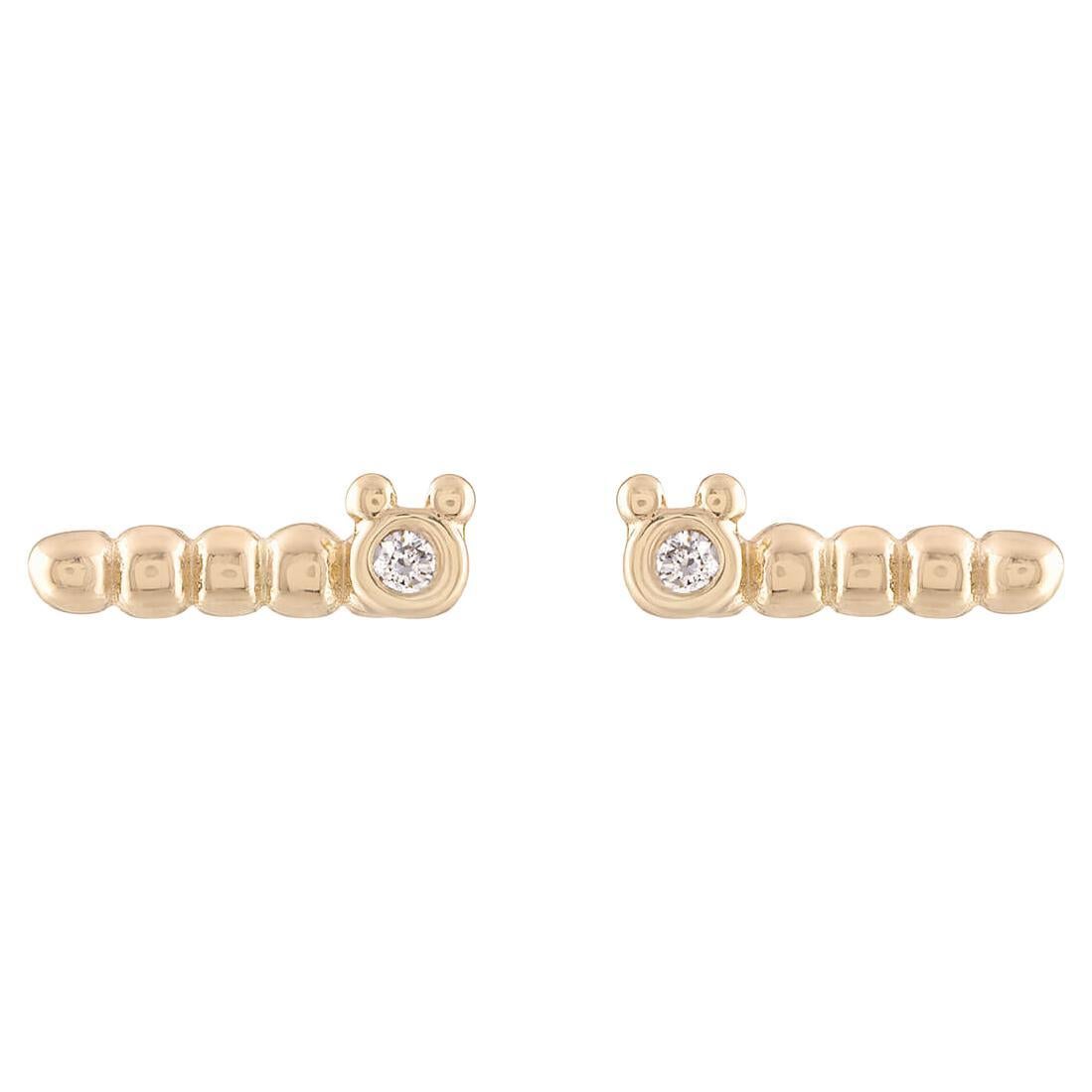 14k Yellow Gold Diamond Baby Caterpillar Stud Insect Earrings Baubou For Sale