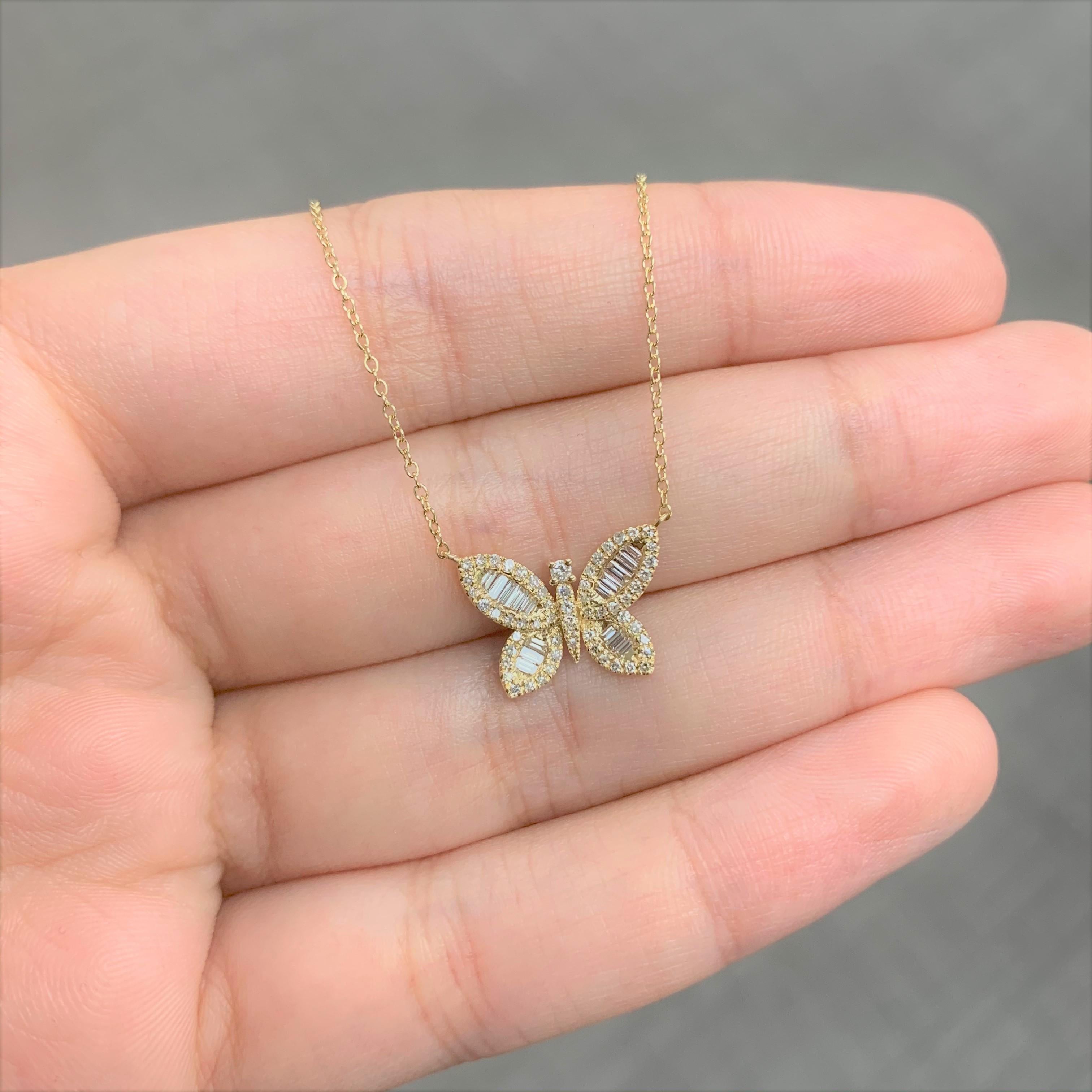 Nature Inspired Design - This Diamond butterfly necklace features a 14k gold chain with a beautiful diamond butterfly with an approximate diamond weight of 0.18cts and a colour of G-H and clarity of Sl1-Sl2; colours available in pink, white, or