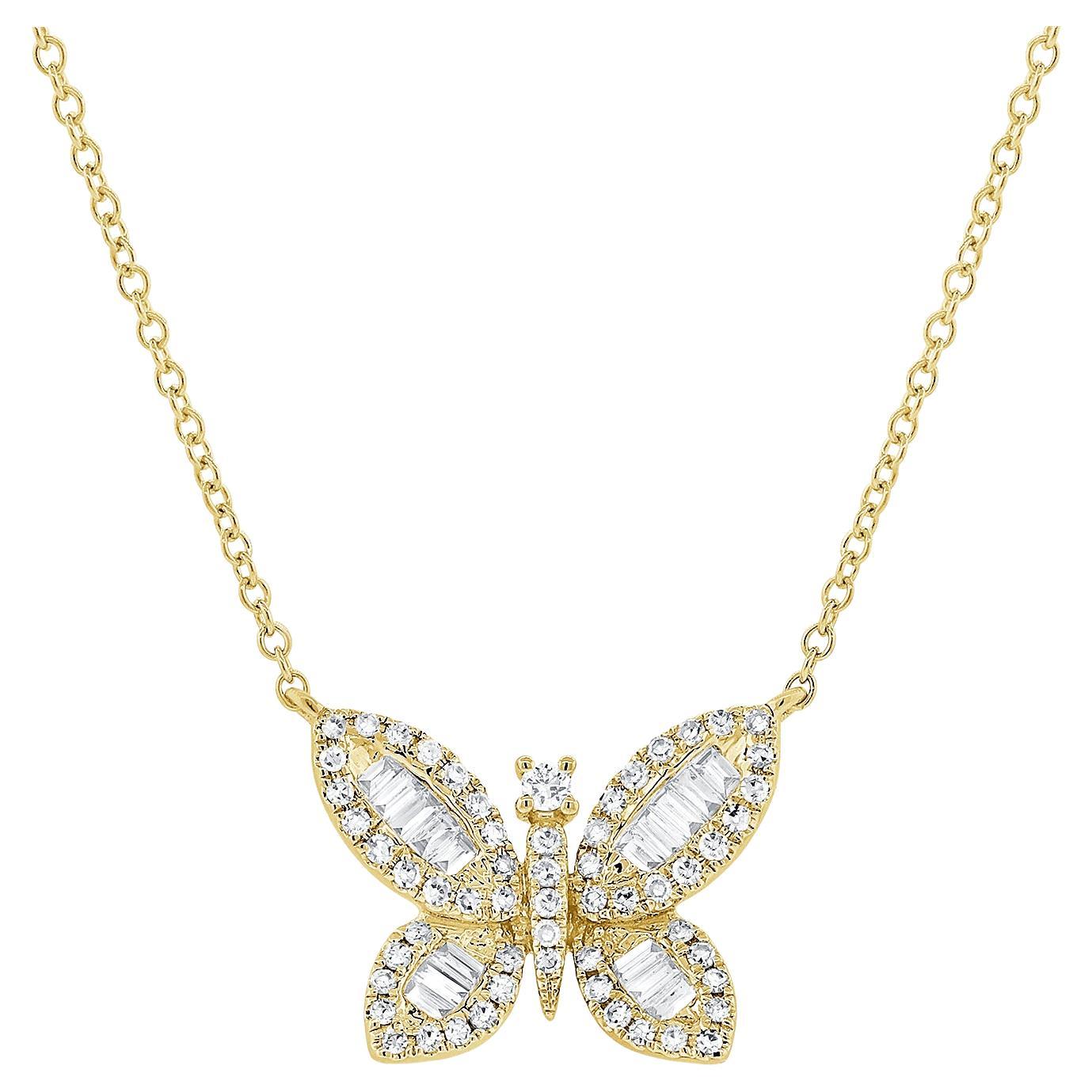 14K Yellow Gold Diamond Baguette Butterfly Necklace for Her For Sale