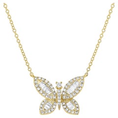 14K Yellow Gold Diamond Baguette Butterfly Necklace for Her