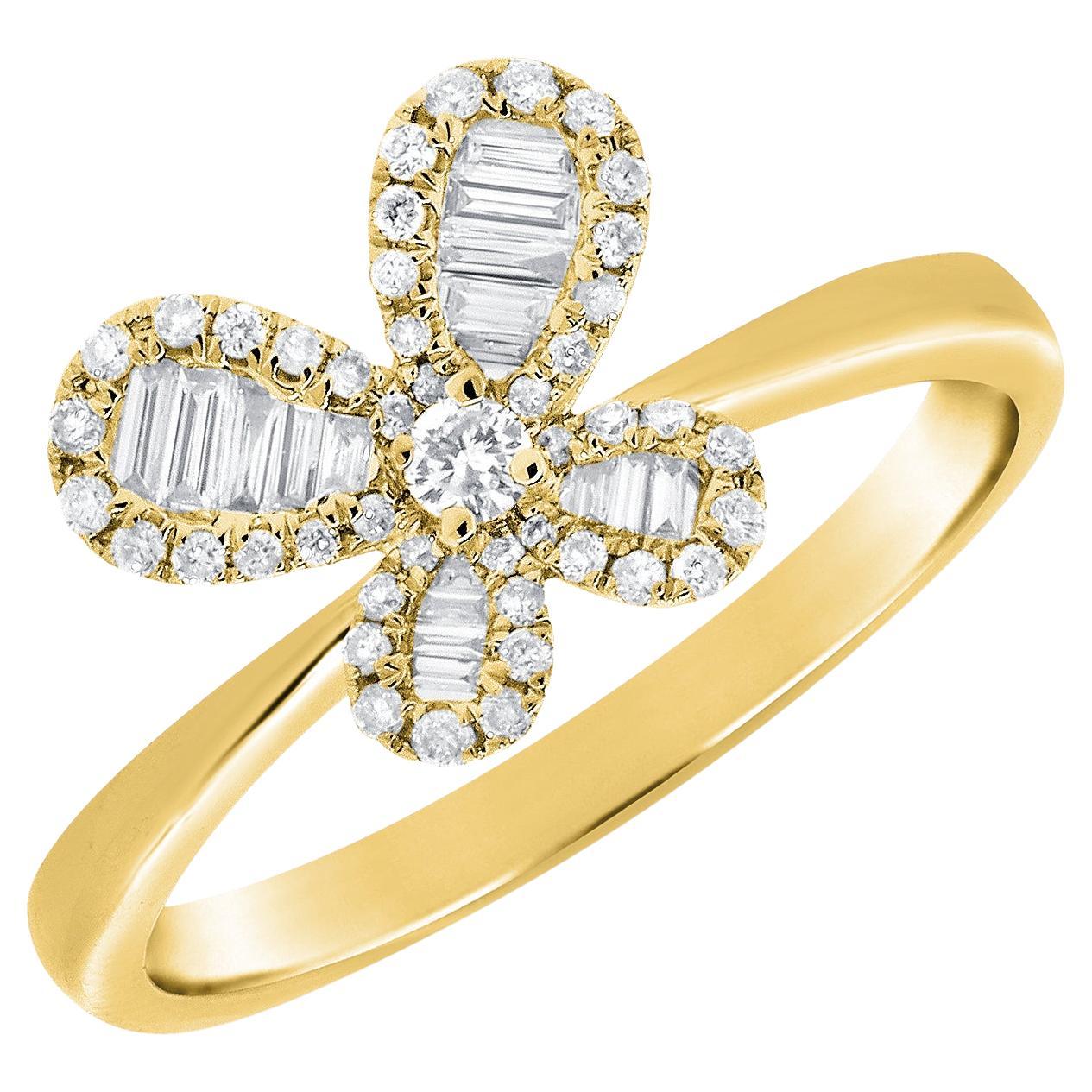 14K Yellow Gold Diamond Baguette Butterfly Ring for Her For Sale