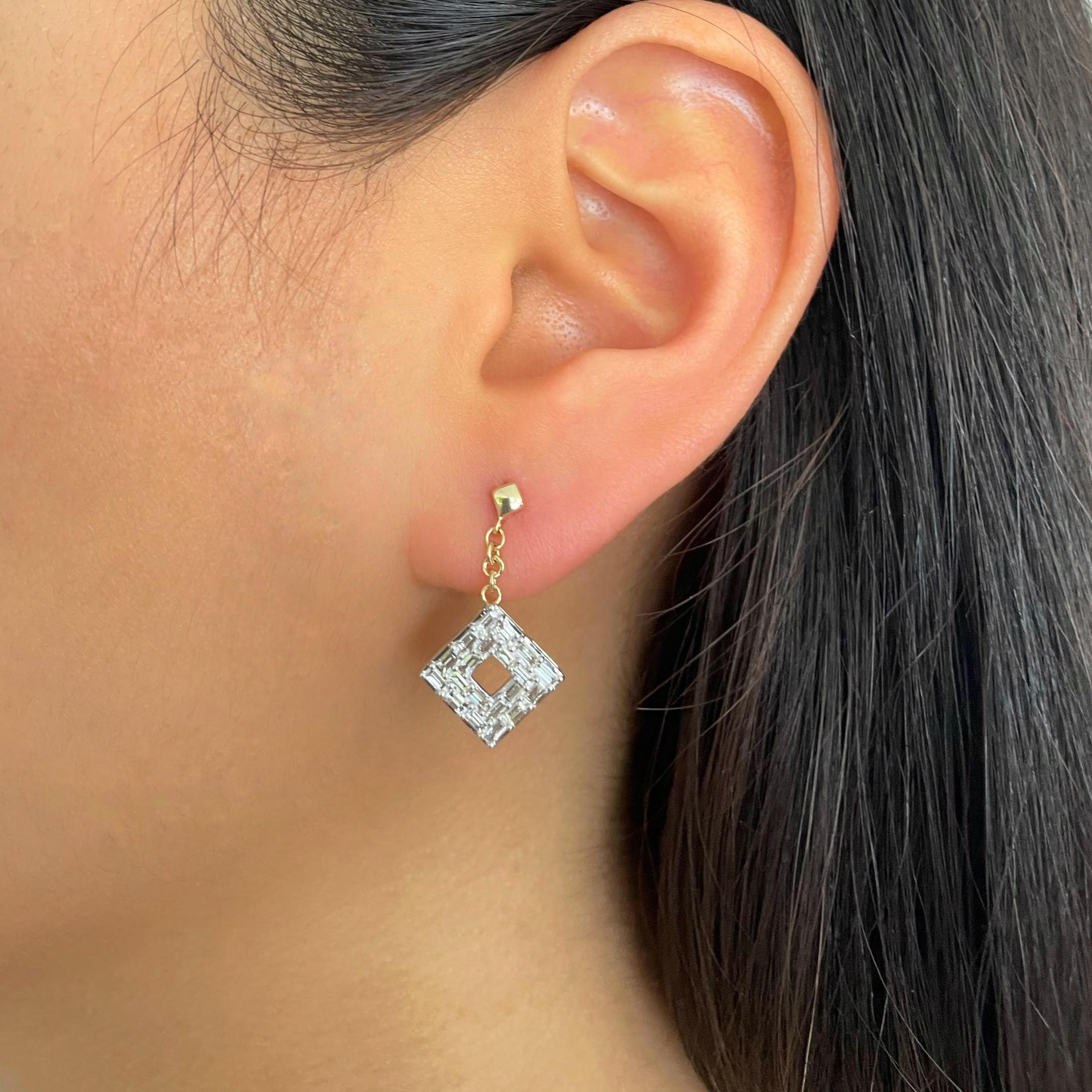 The 14K yellow gold dangling earrings feature solely baguette diamonds that give it a profound look but the delicate dangle is subtle enough for an everyday wear. Because of its universal style, these earrings are perfect for any occasion including