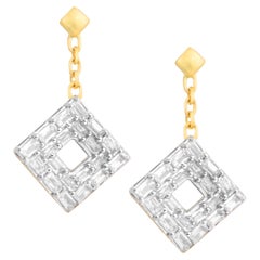 14K Yellow Gold Diamond Baguette Dangling Earrings 