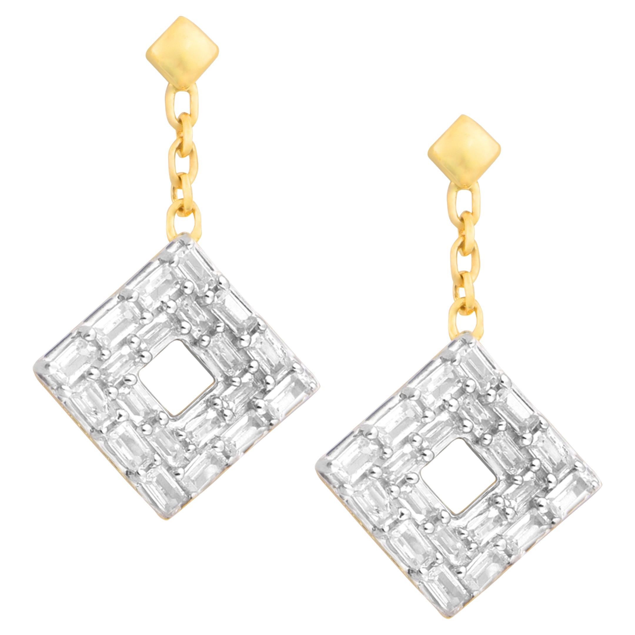 14K Yellow Gold Diamond Baguette Dangling Earrings  For Sale