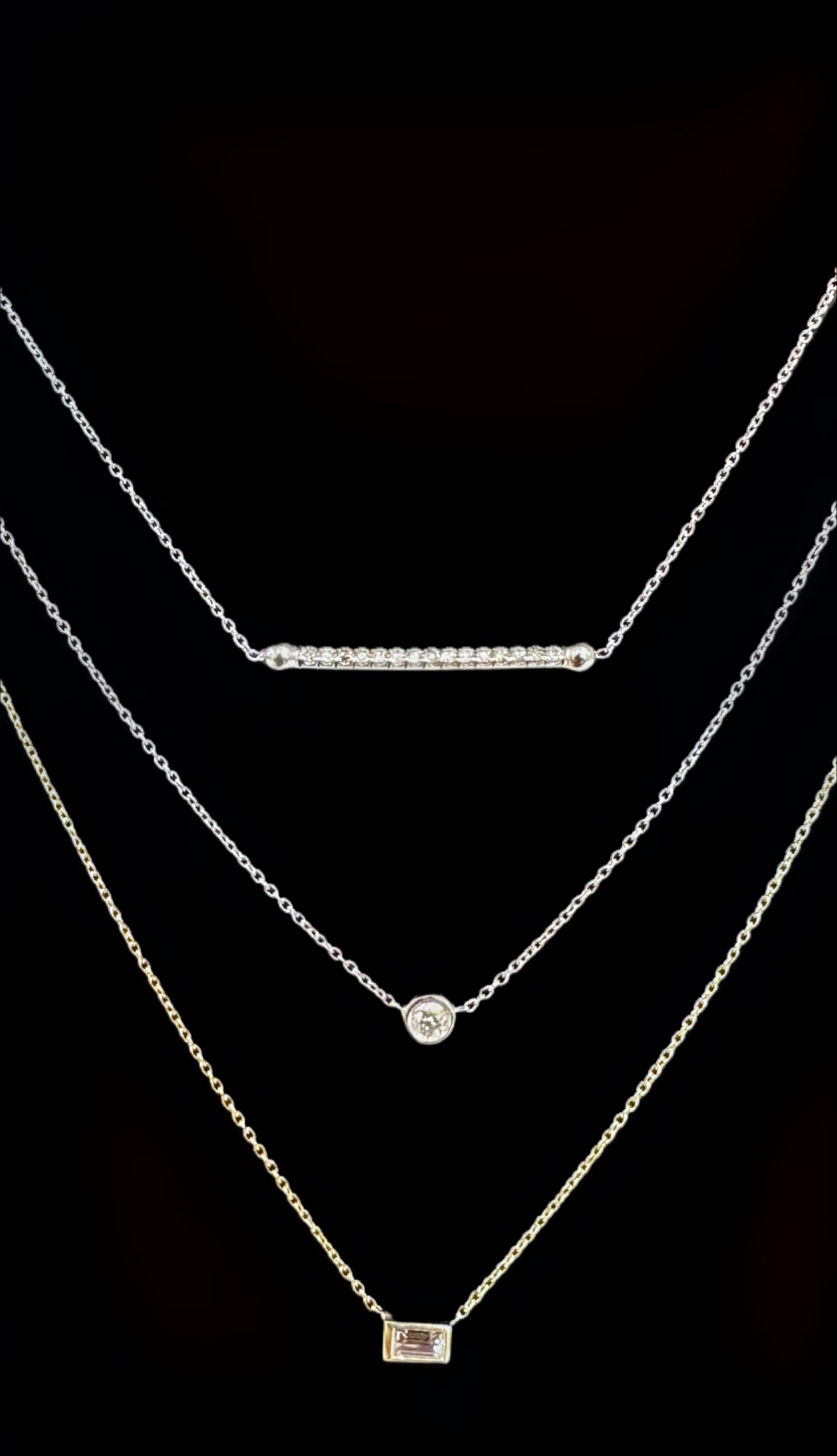 This dainty diamond baguette necklace is perfect for barely there look or for layering. Chain can be adjustable to 16 or 18 inches to serve this purpose. 