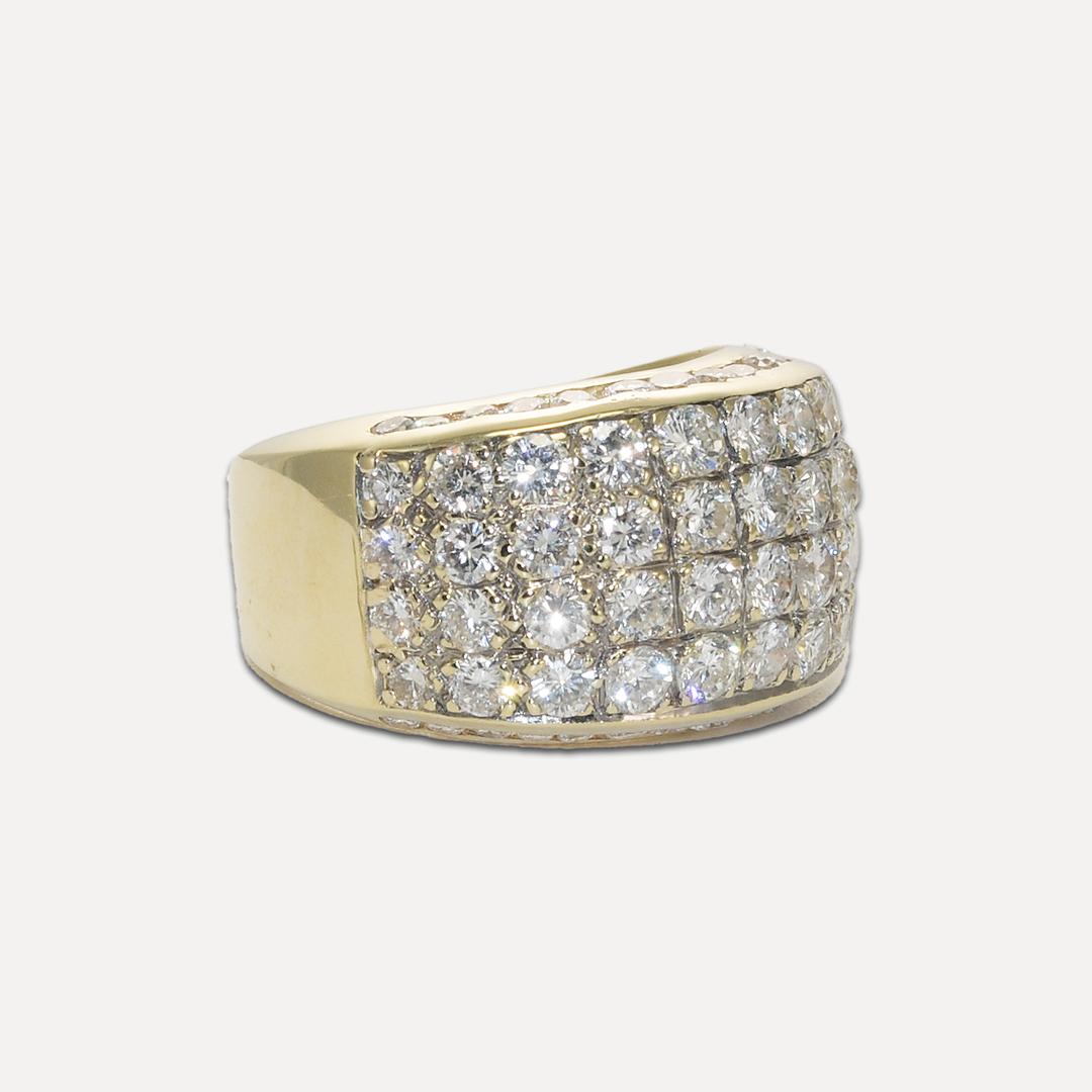 Men's 14k yellow gold and diamond ring.
Tests 56.5% gold with an XRF metal analyzer.
The ring weight is 12.3 grams.
The diamonds are round brilliant cuts, H, i, j color range, Si clarity, and 3.00 total carats.
Three diamonds have small chips near