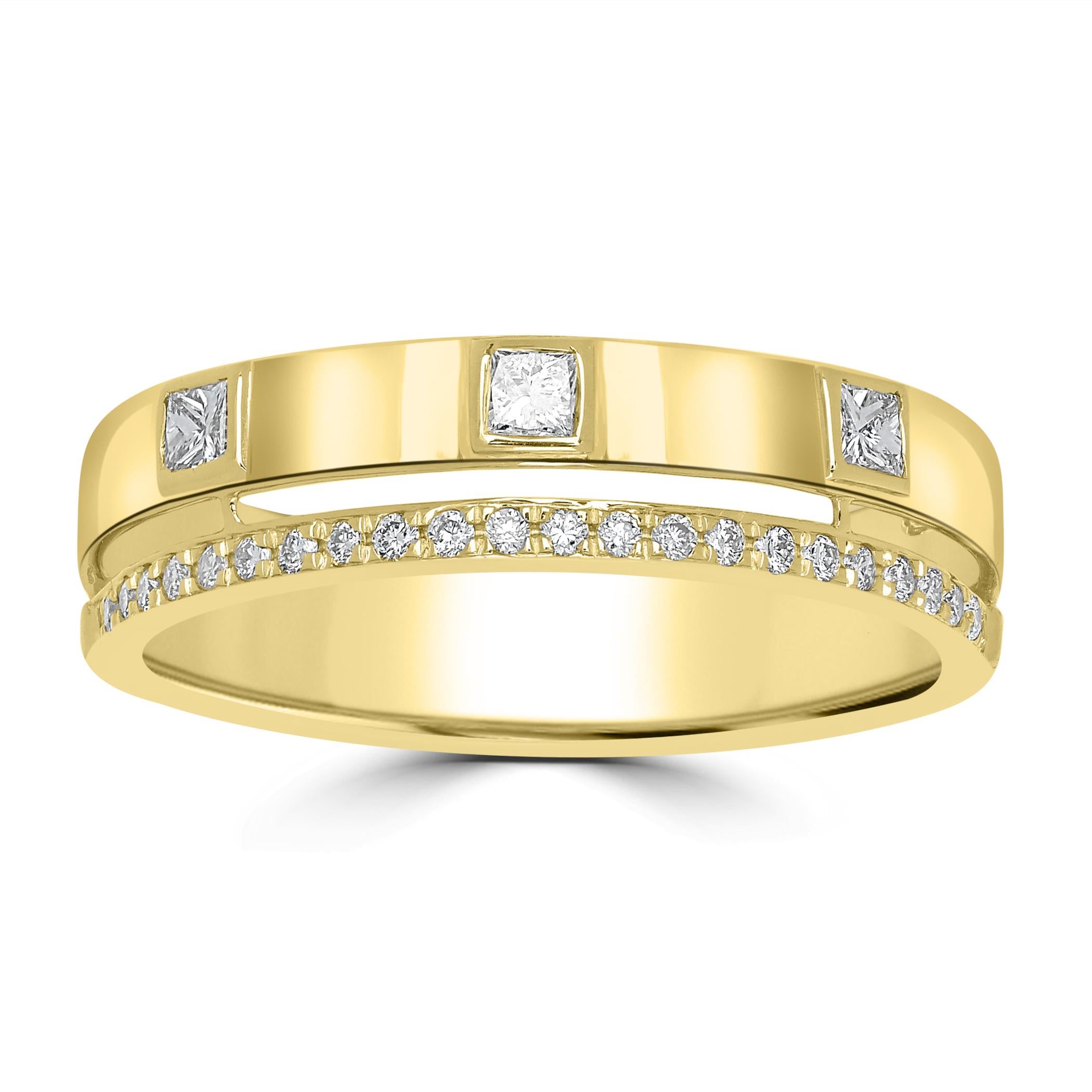 This Luxle band ring is made of 14K yellow gold and is a must-have! This ring's spaced-out 0.25 Ct round full-cut and square princess-cut diamond stations contrast flawlessly with each diamond's partnering sequence. Give it to your special someone