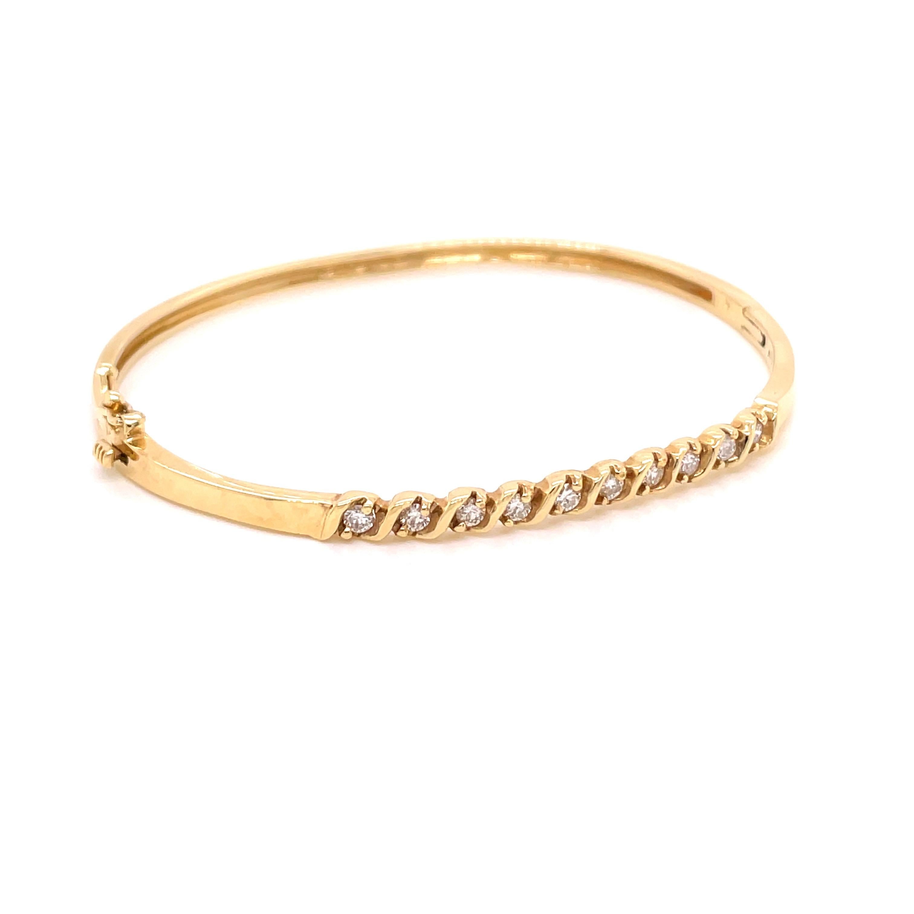 Round Cut 14K Yellow Gold Diamond Bangle Bracelet .47ct For Sale