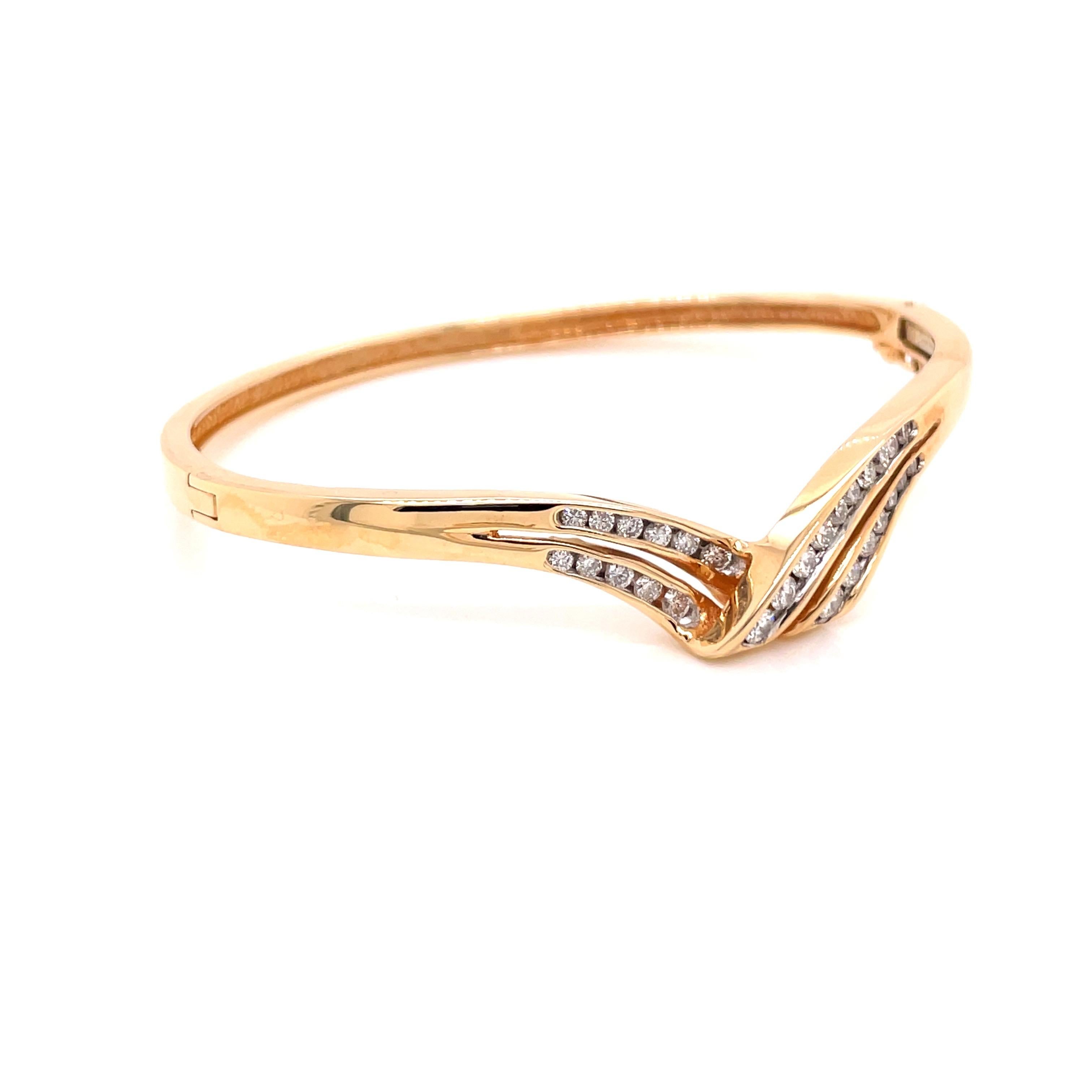 Women's 14K Yellow Gold Diamond Bangle Bracelet .87ct For Sale