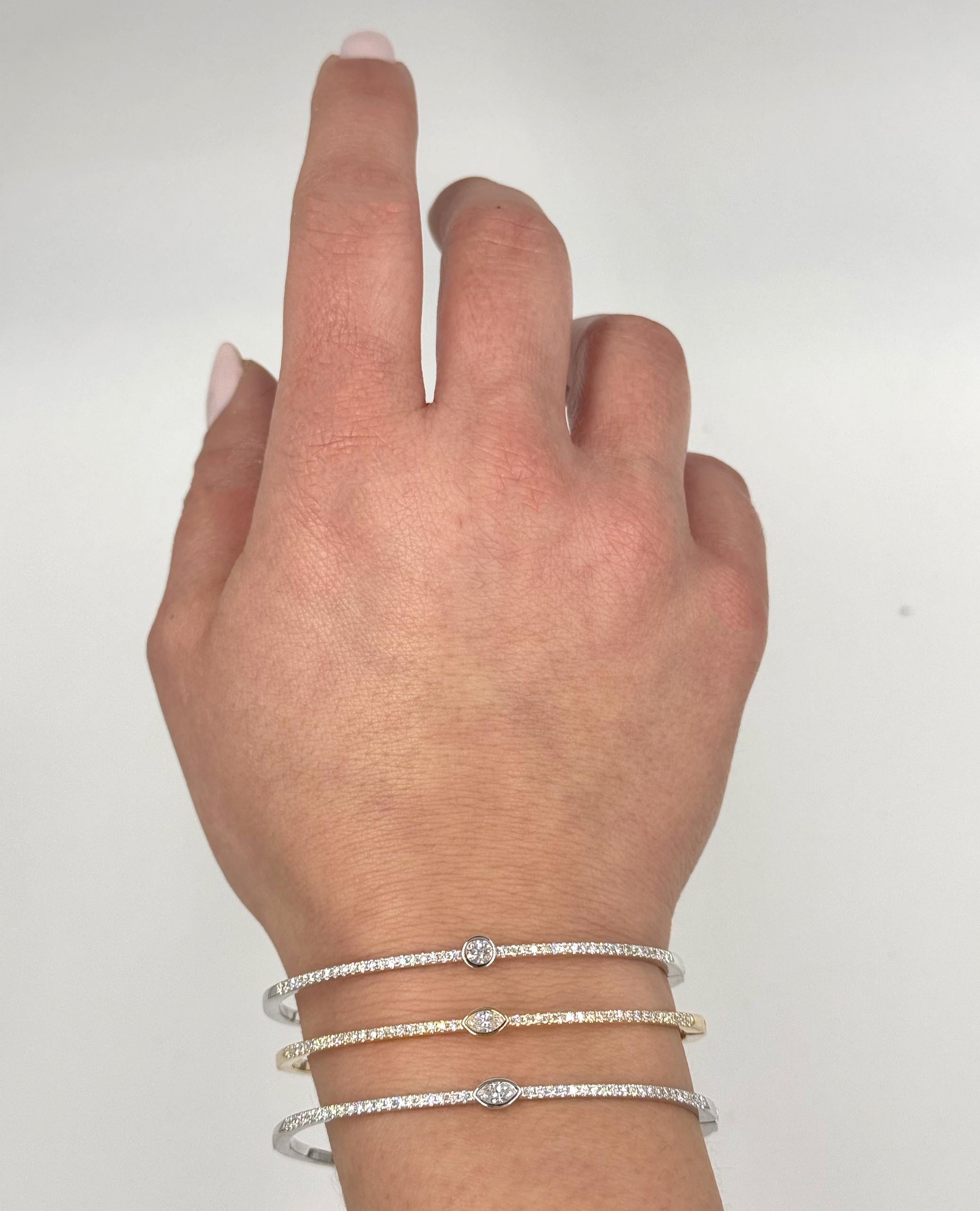 14K Yellow Gold Diamond Bangle Bracelet with Center Marquise Diamond Accent In New Condition For Sale In Old Tappan, NJ