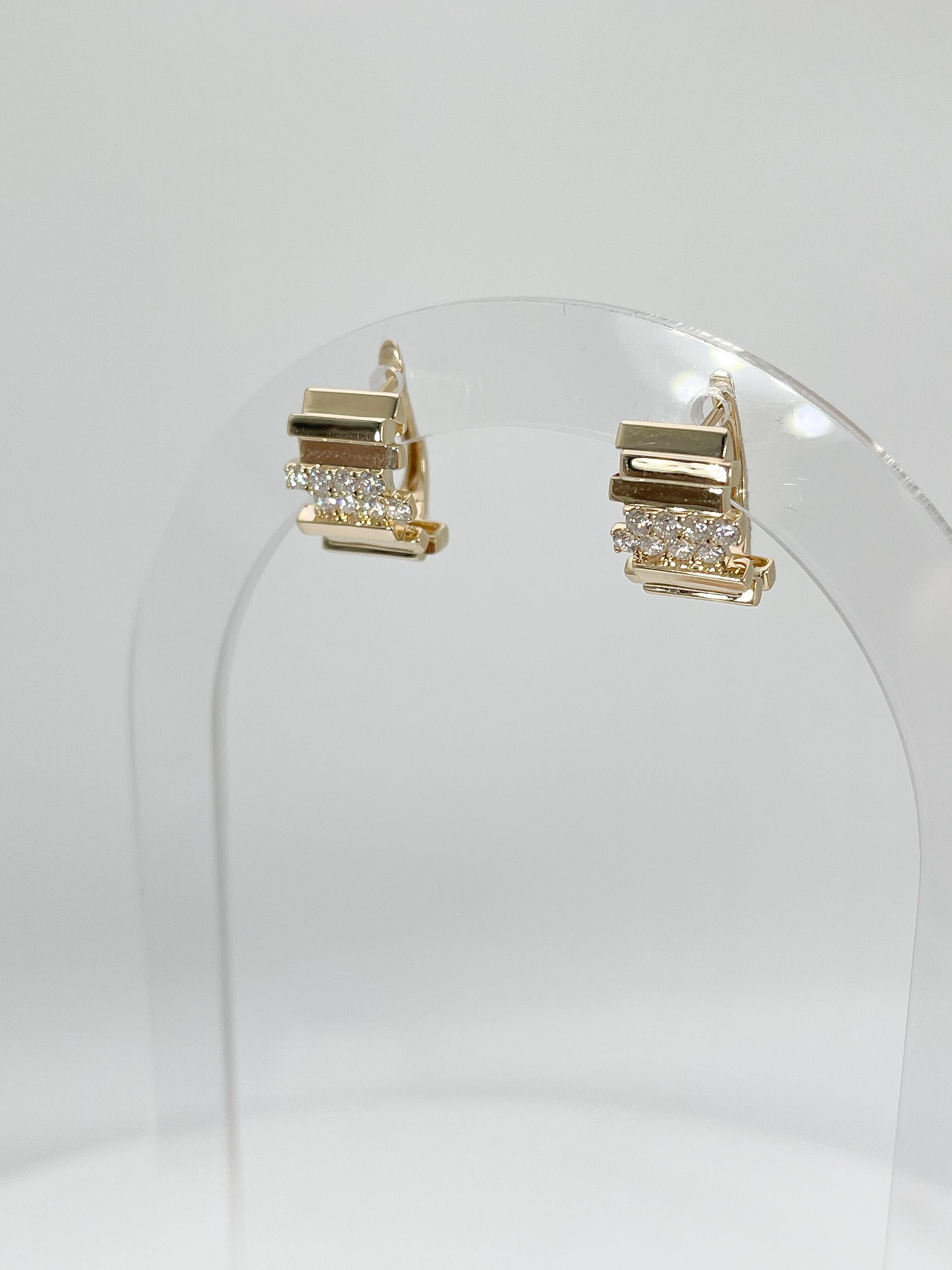 14K Yellow Gold Diamond Bar Huggie Hoop Earrings .56 CTW In New Condition For Sale In Stuart, FL
