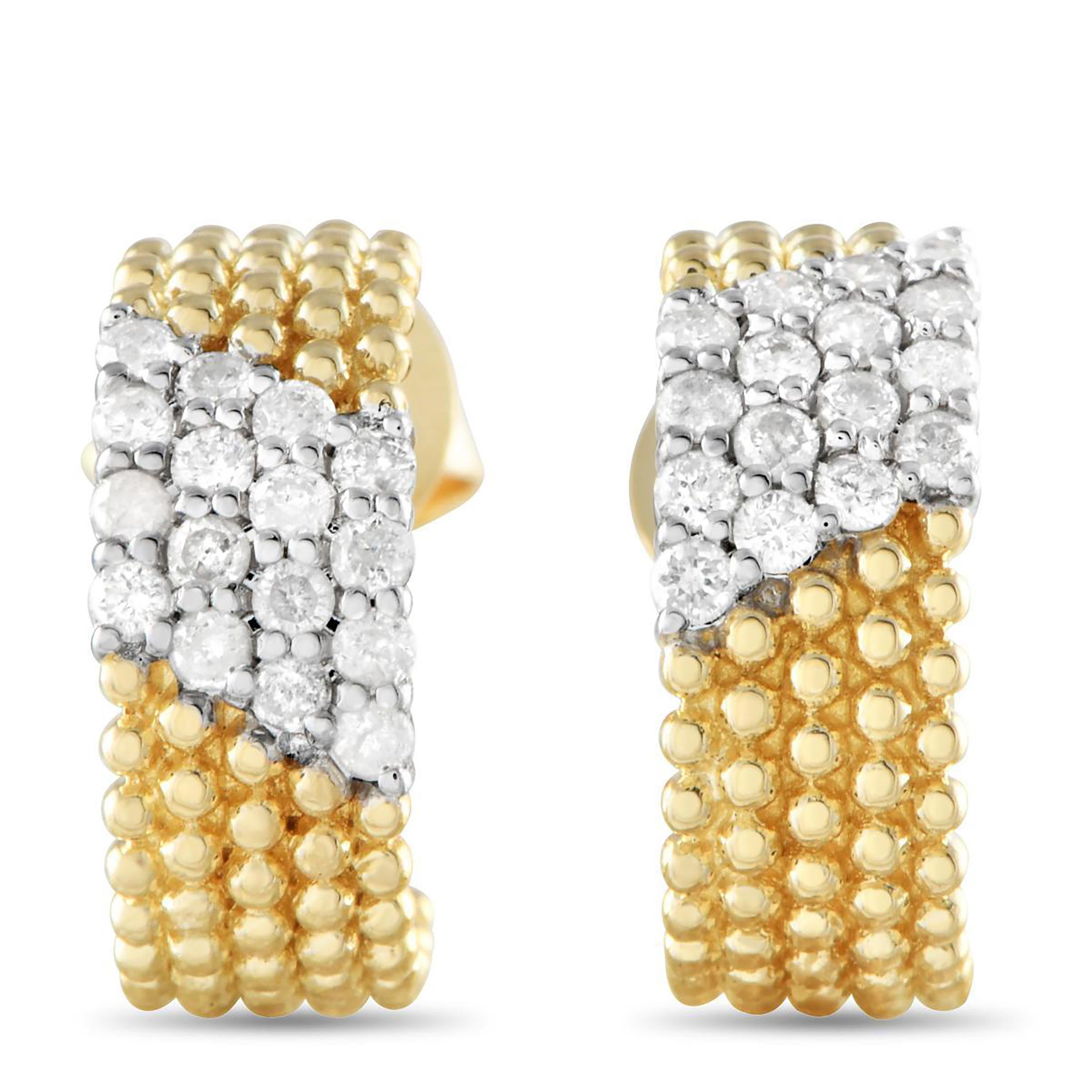 14K Yellow Gold Diamond Beaded C-Hoop Delicate in Size 0.50 Inch Long Earrings en Nuevo estado para la venta en New York, NY