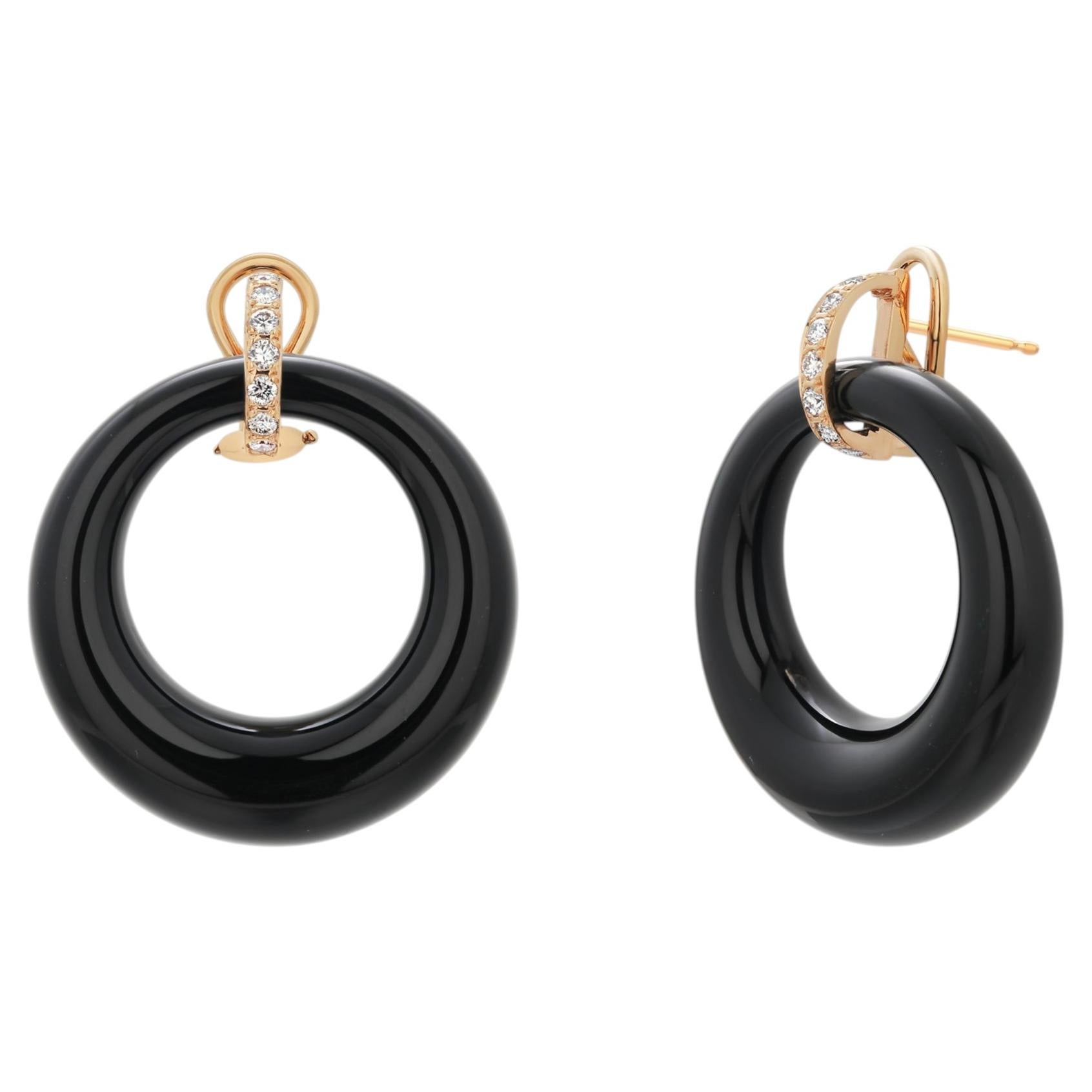 Pendientes Aldaba de Oro Amarillo de 14 K Pavé de Diamantes Ónix Negro Turquesa
