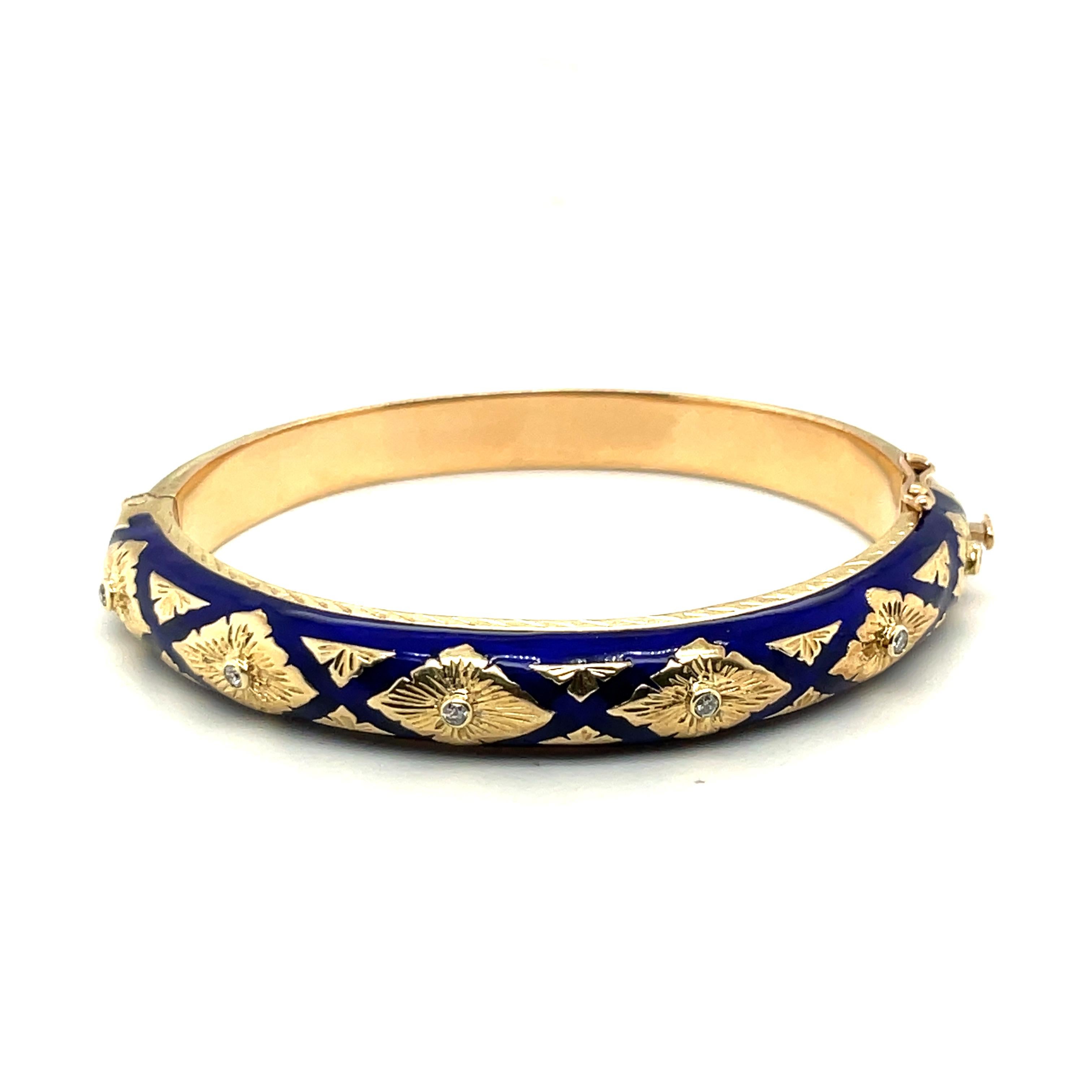 14K Yellow Gold Diamond & Blue Enamel Bangle Bracelet

Weight 38.8 Grams