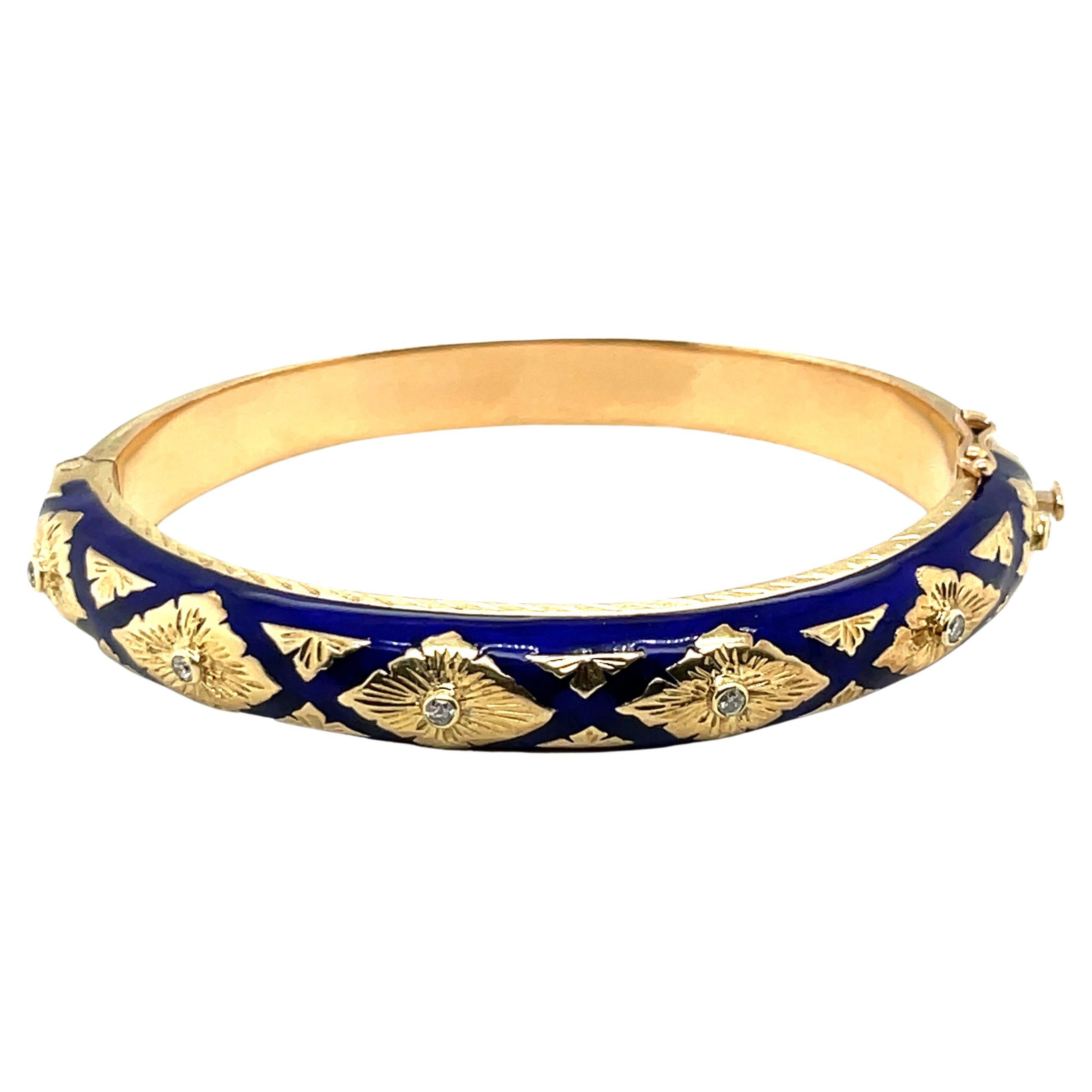 14K Yellow Gold Diamond & Blue Enamel Bangle Bracelet For Sale