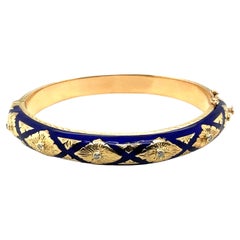 14K Yellow Gold Diamond & Blue Enamel Bangle Bracelet