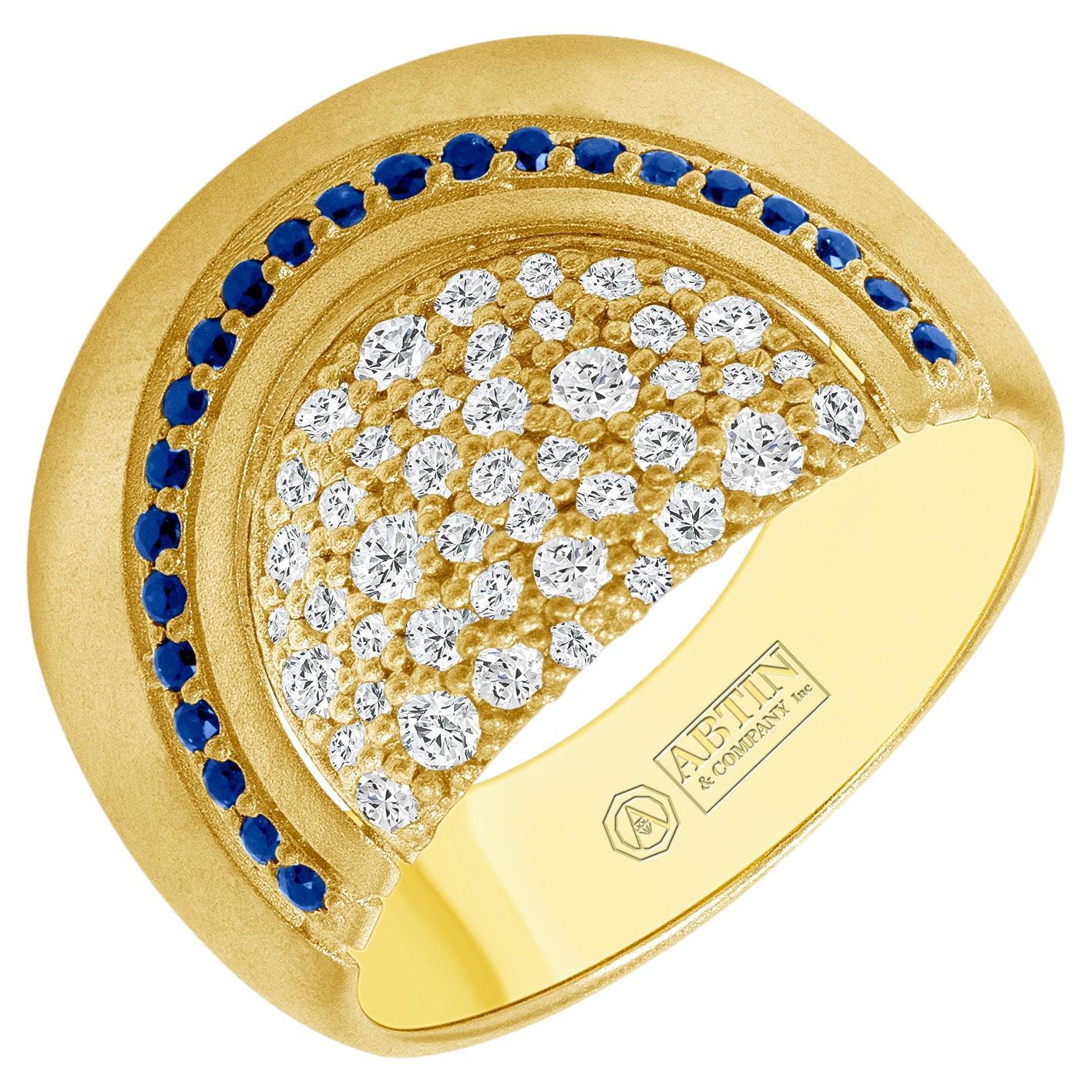 14K Yellow Gold Diamond & Blue Sapphire Wide Dome Statement Ring Band  For Sale