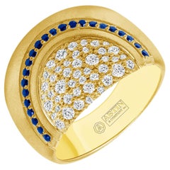 14K Yellow Gold Diamond & Blue Sapphire Wide Dome Statement Ring Band 