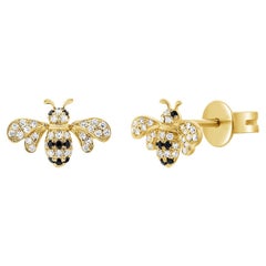 14K Yellow Gold Diamond Bumble Bee Stud Earrings for Her