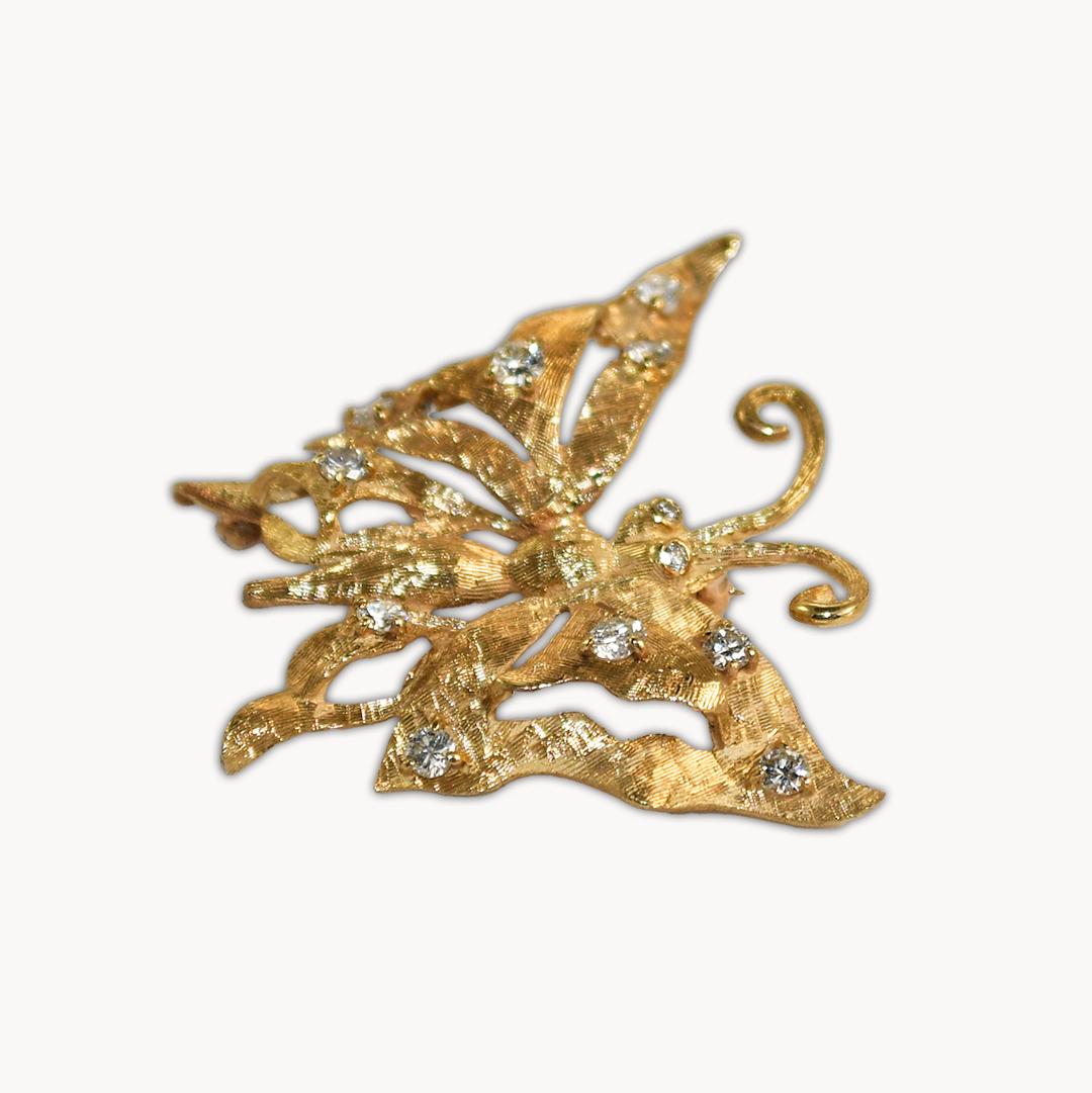 Round Cut 14K Yellow Gold Diamond Butterfly Brooch For Sale