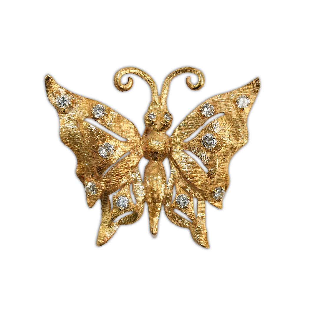 14K Yellow Gold Diamond Butterfly Brooch For Sale