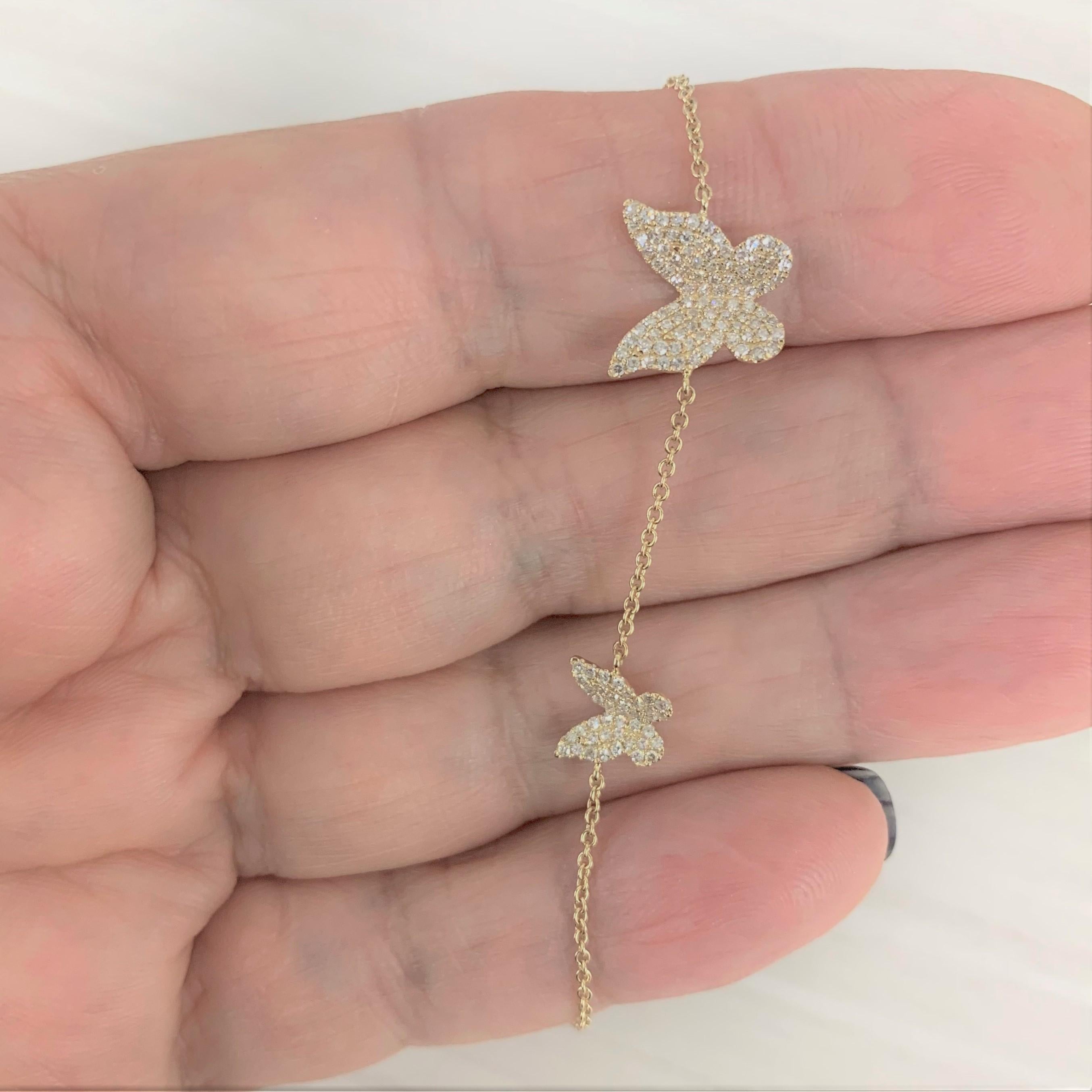 Contemporary 14K Yellow Gold Diamond Butterfly Chain Bracelet for Her For Sale