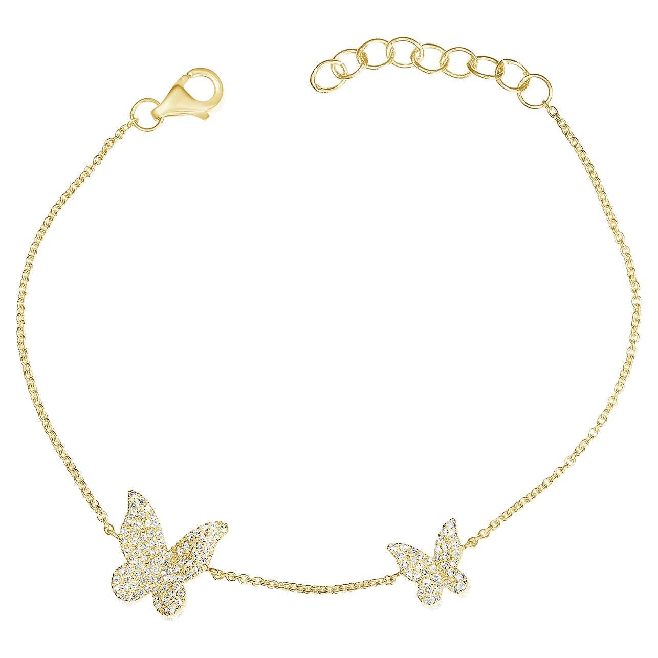 14K Yellow Gold Diamond Butterfly Chain Bracelet for Her For Sale