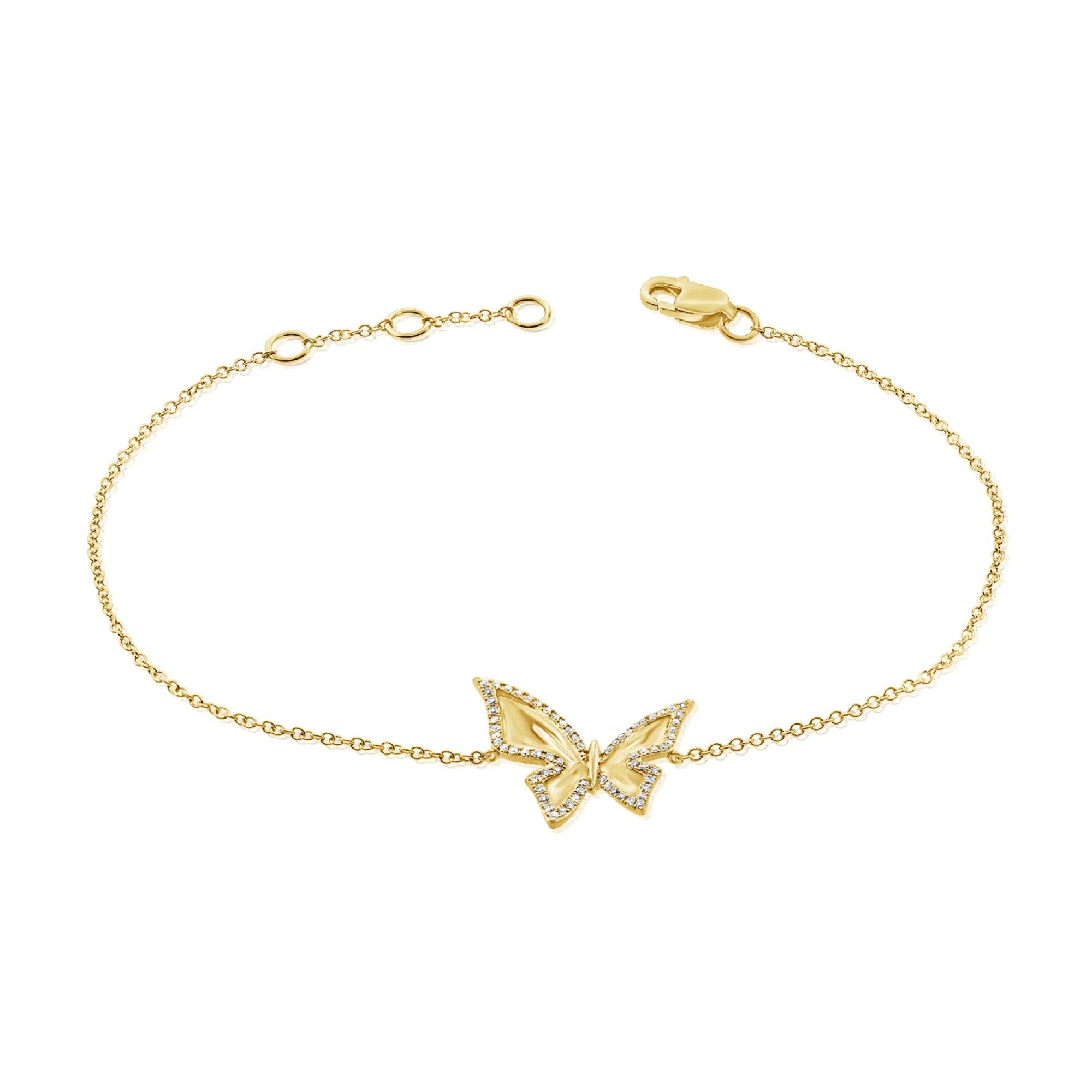 Baguette Cut 14K Yellow Gold Diamond Butterfly Chain Bracelet For Sale