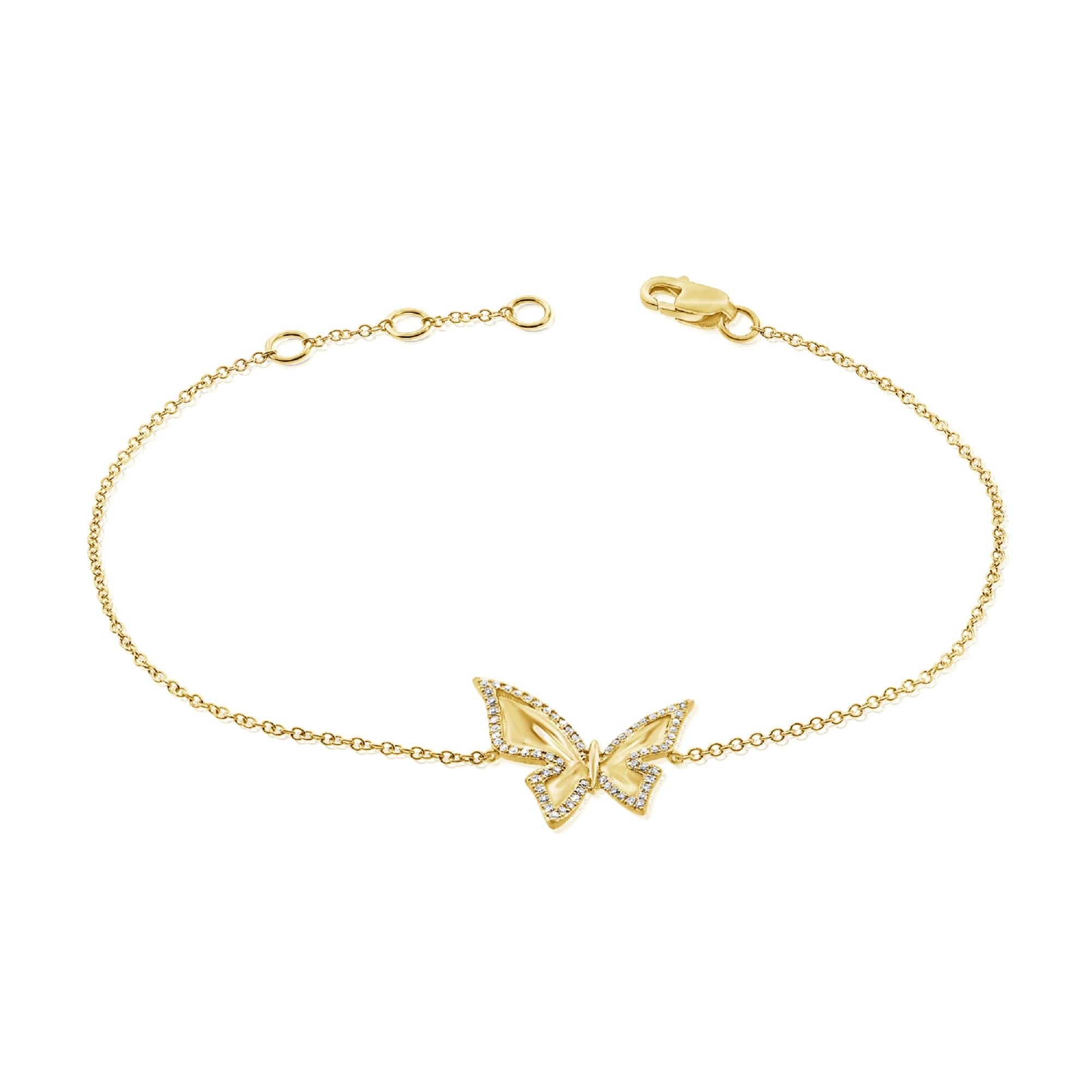 Taille baguette Bracelet à chaîne papillon en or jaune 14 carats et diamants en vente