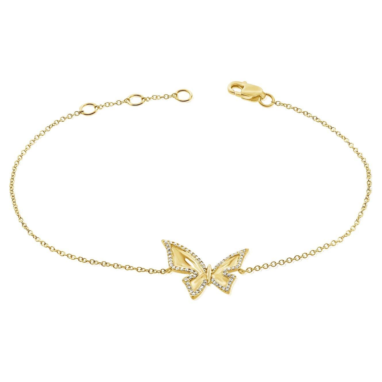 14K Yellow Gold Diamond Butterfly Chain Bracelet For Sale