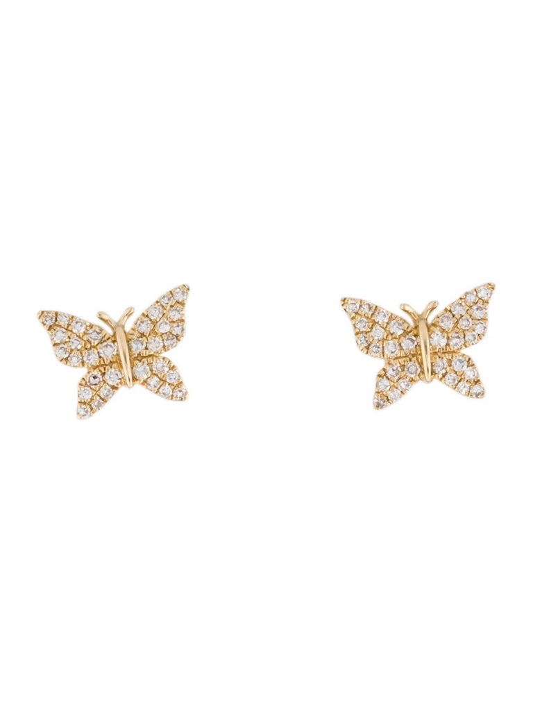 14K Yellow Gold Diamond Butterfly Stud Earrings for Her For Sale at 1stDibs