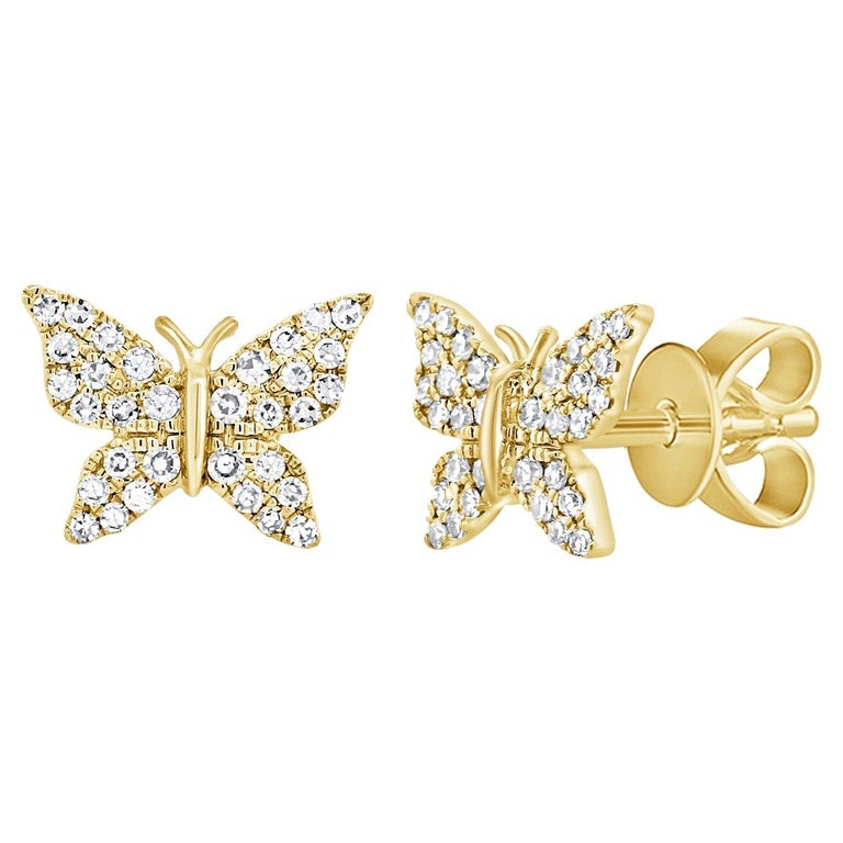 14K Yellow Gold Diamond Butterfly Stud Earrings for Her For Sale at 1stDibs