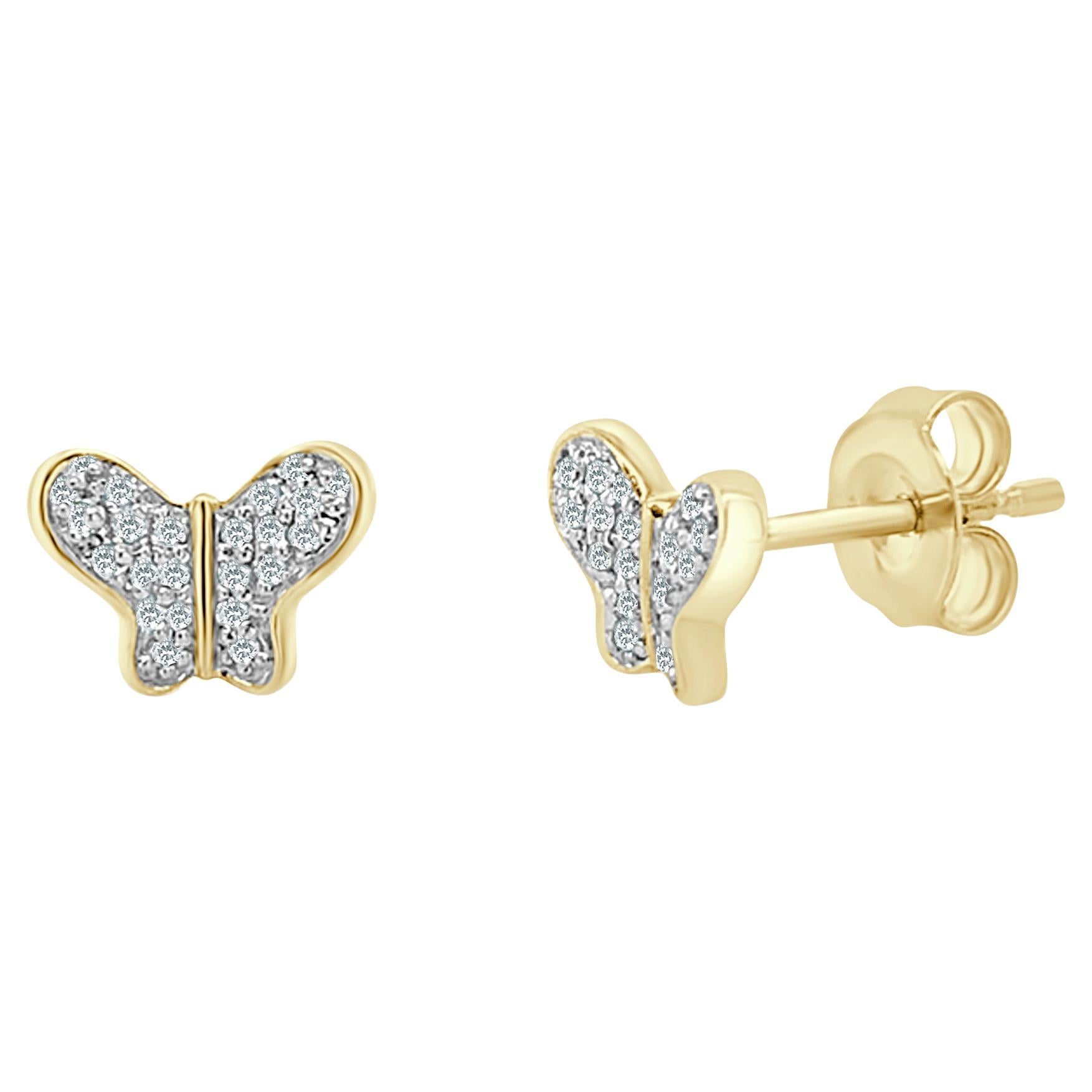 14K Yellow Gold Diamond Butterfly Stud Earrings for Her For Sale