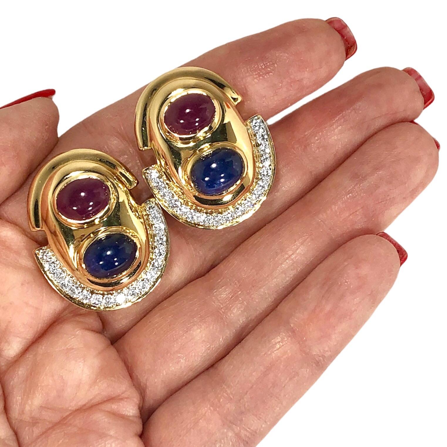 Brilliant Cut 14k Yellow Gold, Diamond, Cabochon Ruby and Sapphire Earrings