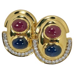 14k Yellow Gold, Diamond, Cabochon Ruby and Sapphire Earrings