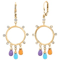 14K Yellow Gold Diamond Circle Drop Earrings with Citrine, Amethyst & Blue Topaz