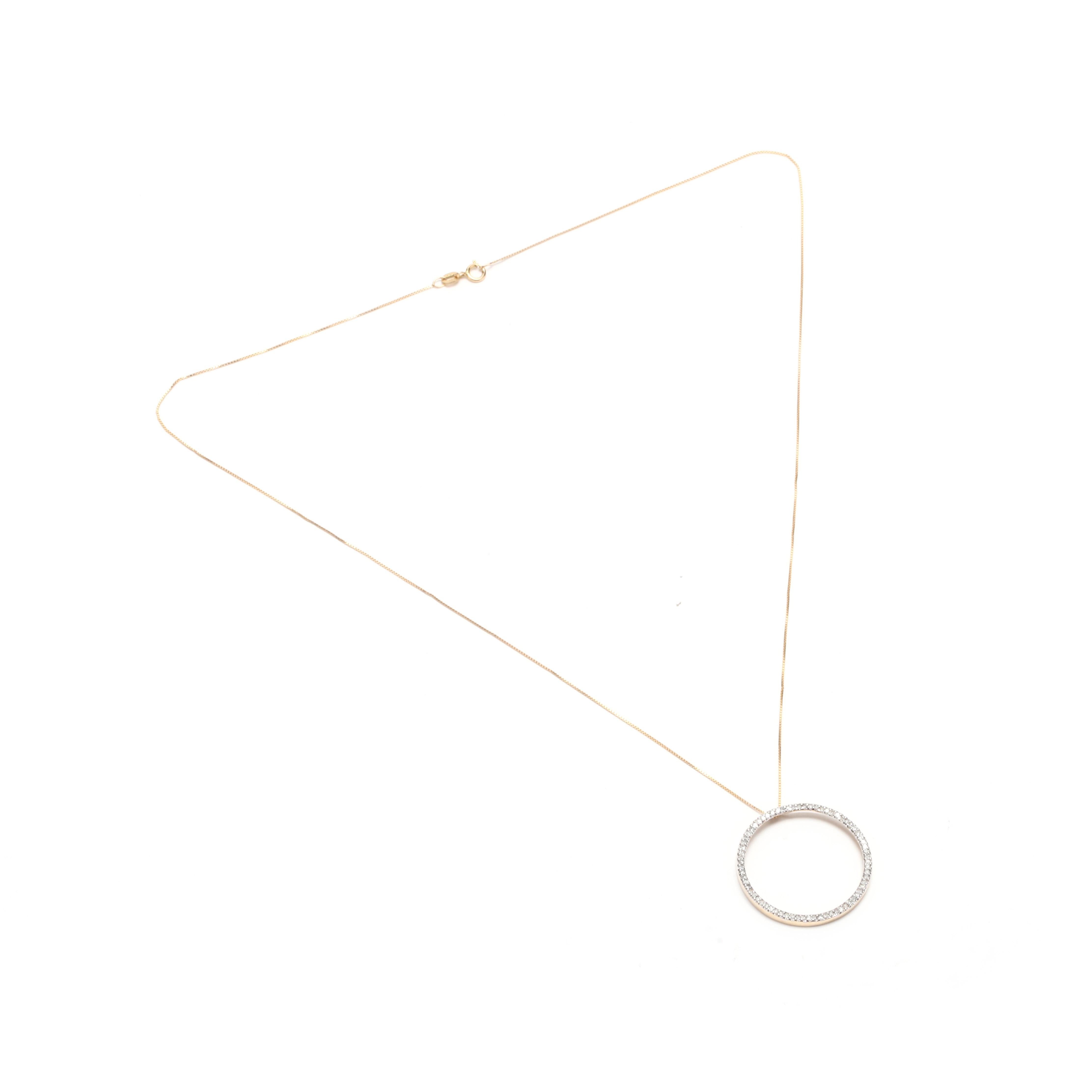 Round Cut 14 Karat Yellow Gold Diamond Circle Pendant Necklace