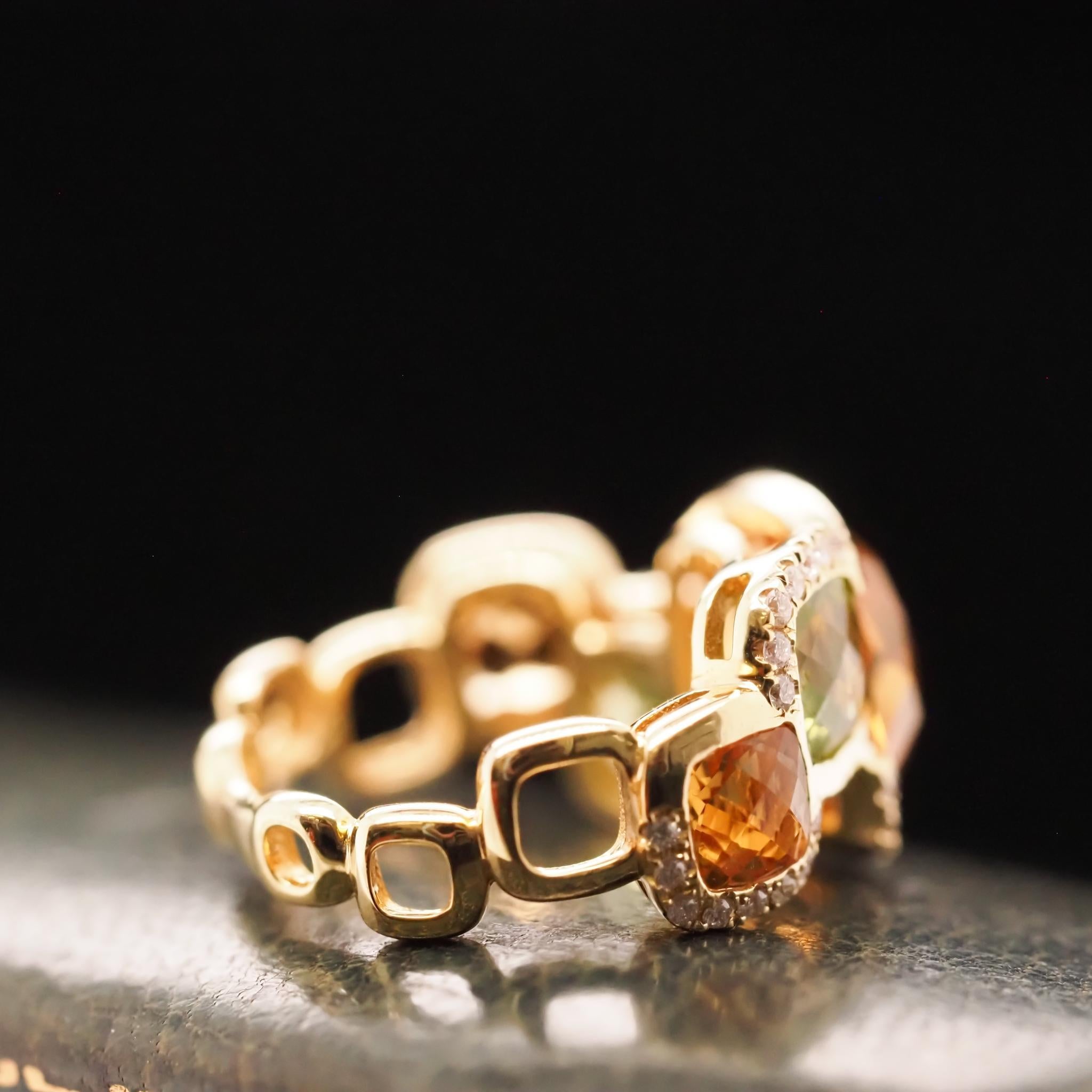 Brilliant Cut 14K Yellow Gold Diamond, Citrine and Peridot Ring For Sale