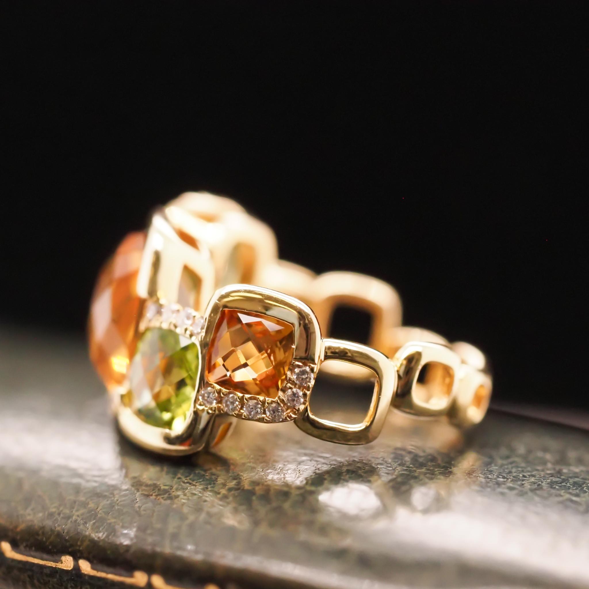Women's 14K Yellow Gold Diamond, Citrine and Peridot Ring For Sale