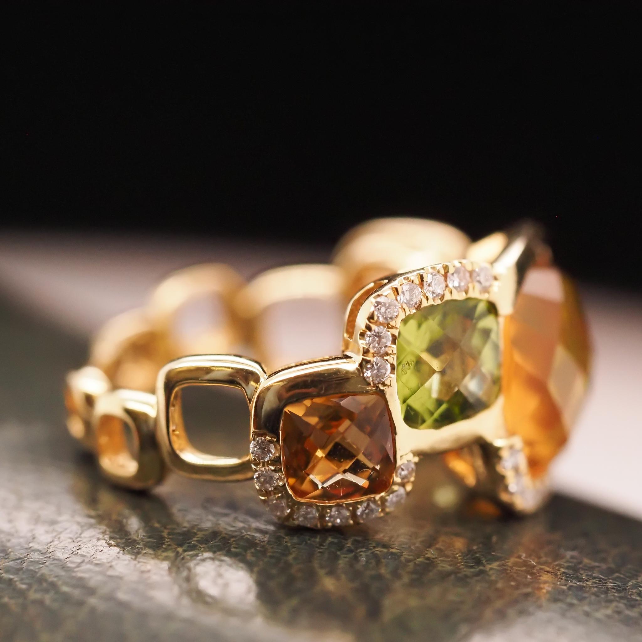 14K Yellow Gold Diamond, Citrine and Peridot Ring For Sale 1