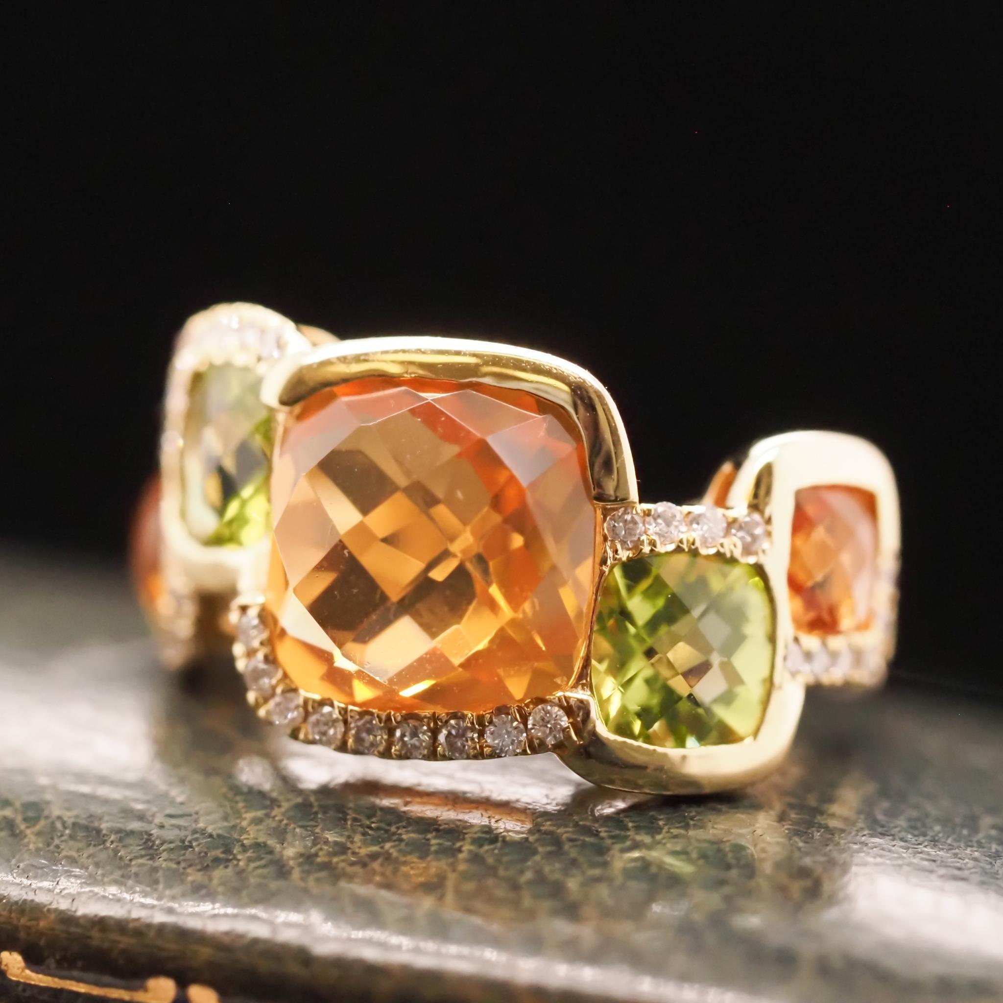 14K Yellow Gold Diamond, Citrine and Peridot Ring For Sale 3