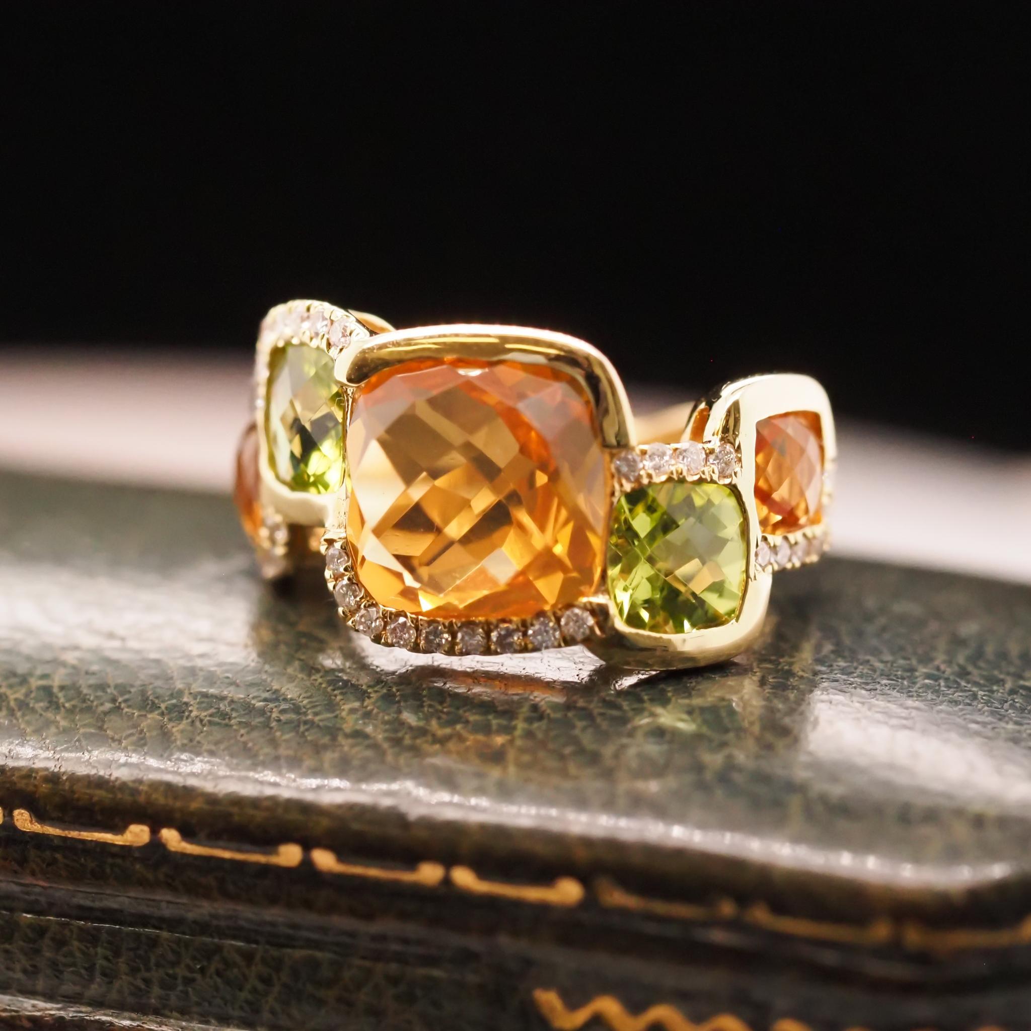 14K Yellow Gold Diamond, Citrine and Peridot Ring For Sale 4