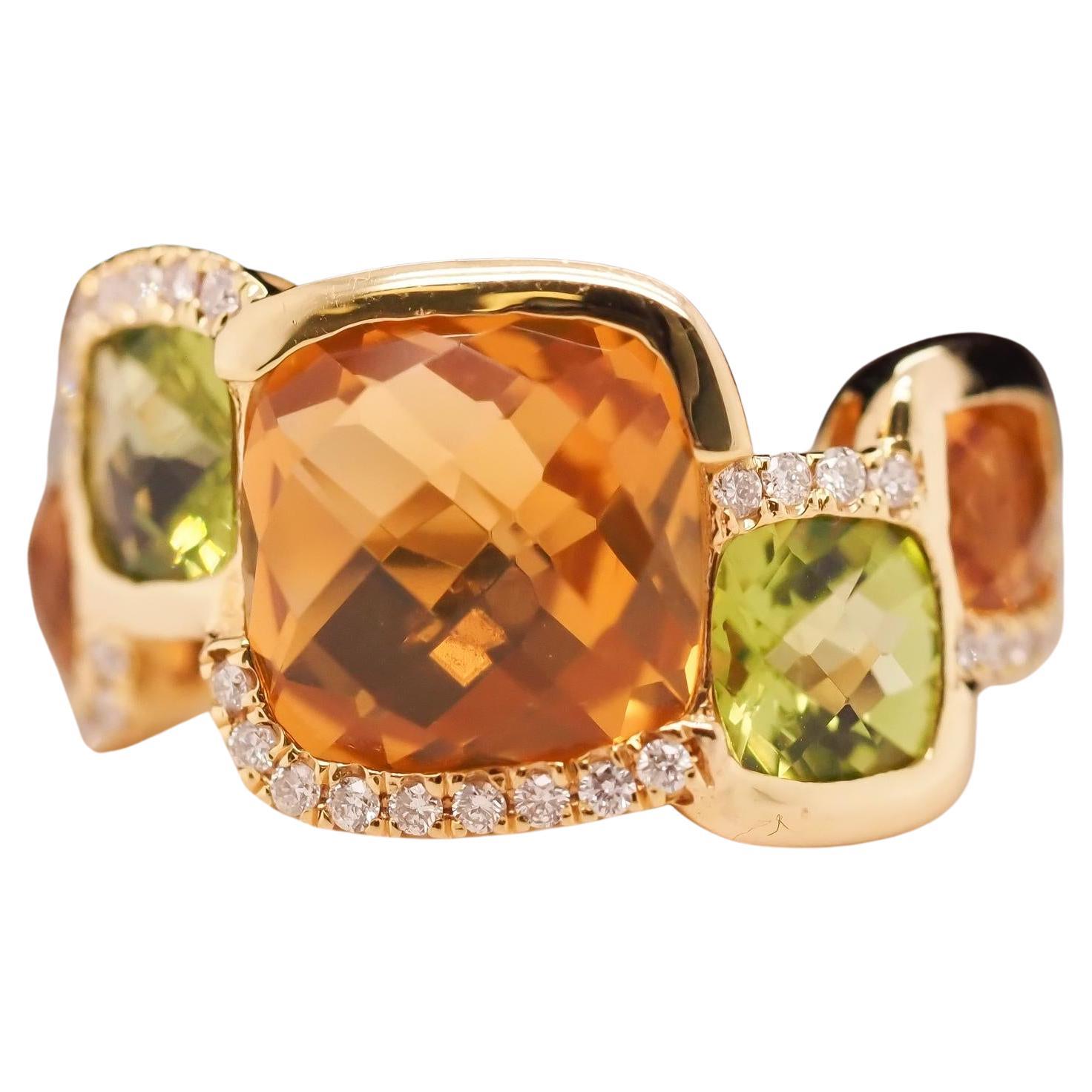 Bague en or jaune 14 carats, diamant, citrine et péridot en vente