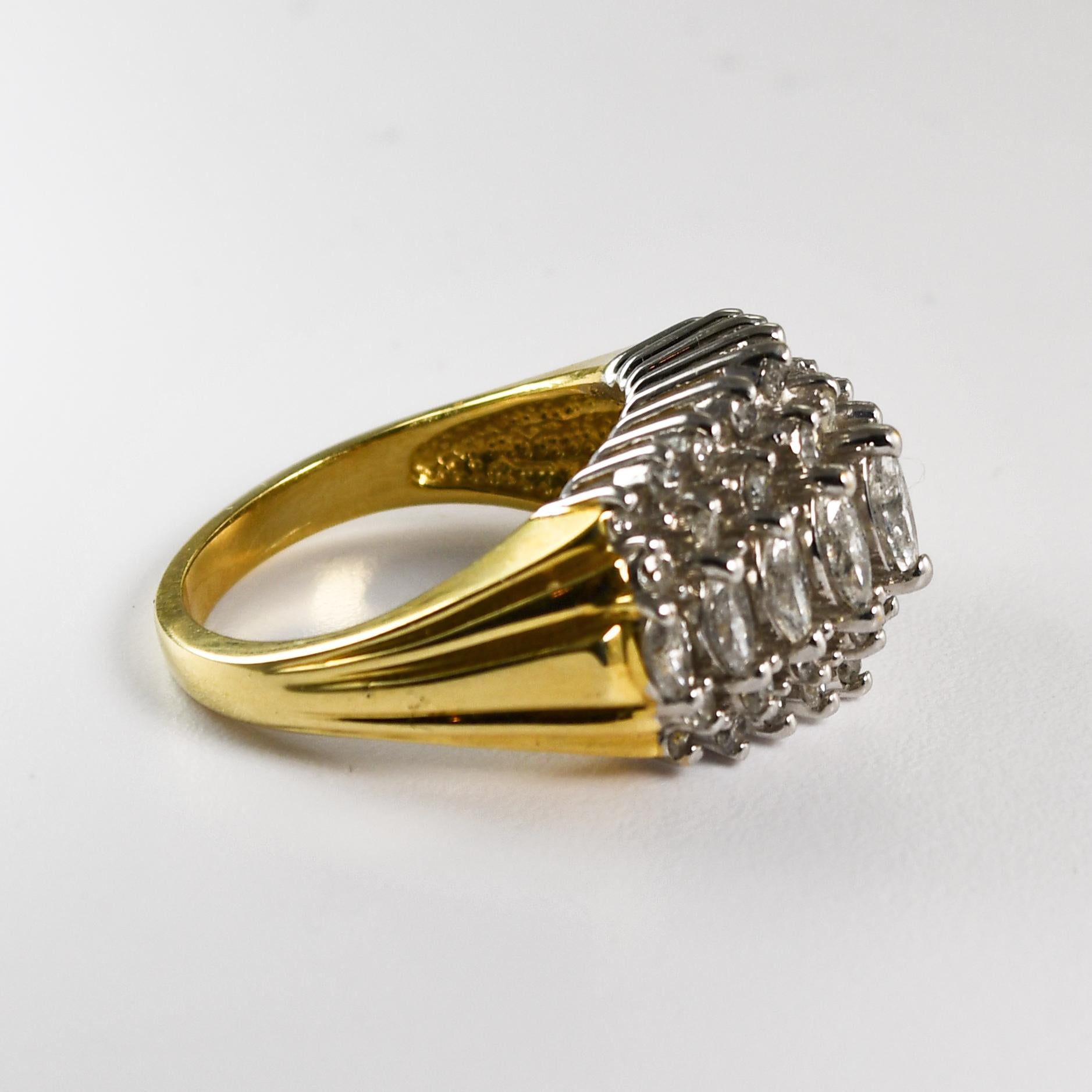 Taille Marquise Bague grappe de diamants en or jaune 14 carats 1,50 carat en vente