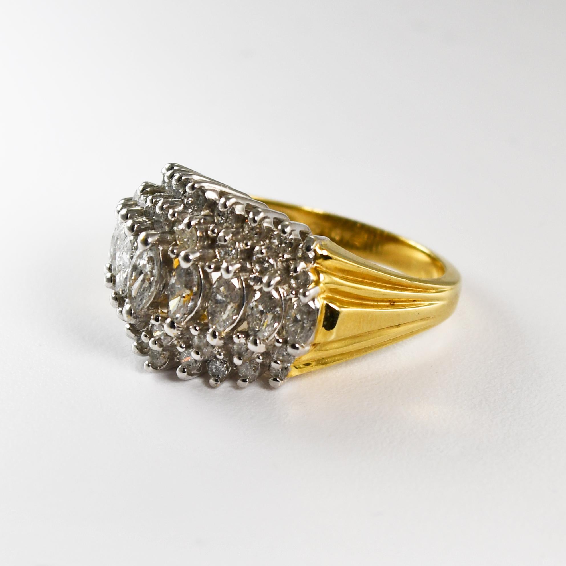 Bague grappe de diamants en or jaune 14 carats 1,50 carat en vente 1